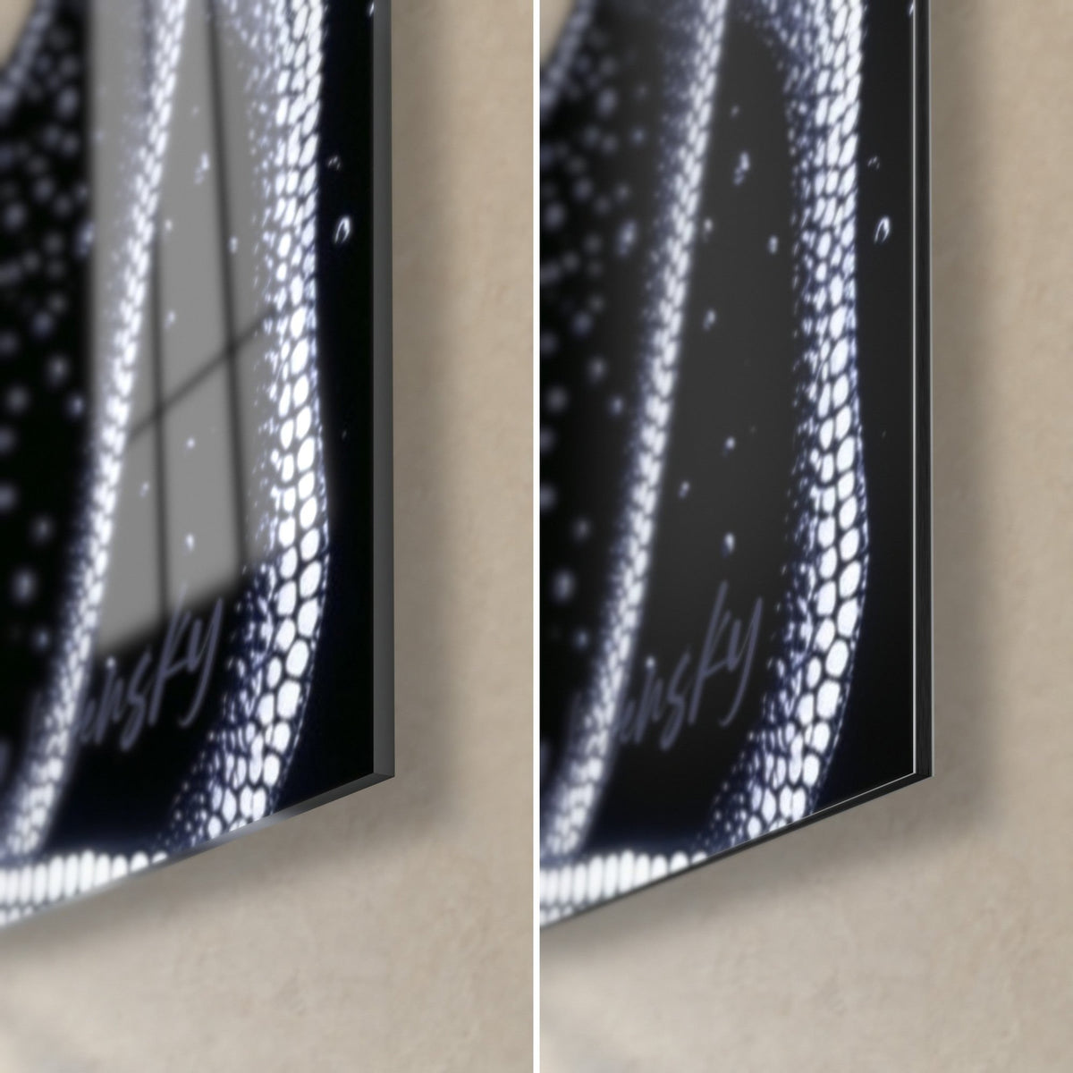 Wall art Egyptian procession in dotted style, bottom right corner: white beads on black, glossy acrylic glass and matte Dibond, 3 mm edge