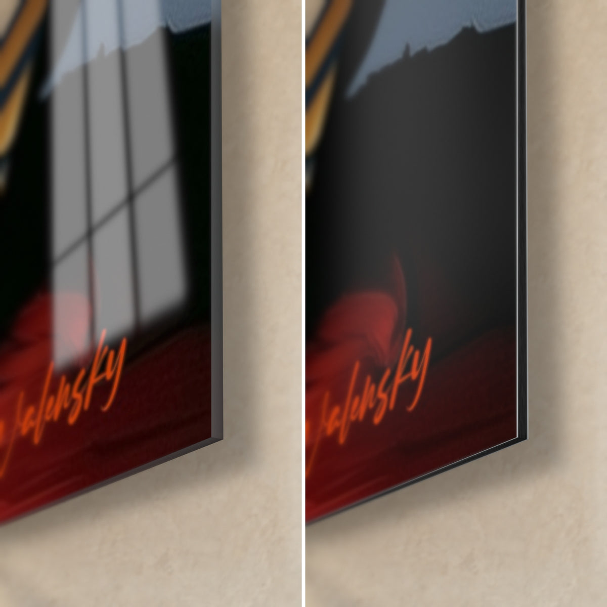 Wall art pharaonic faces in slate blue, Walensky orange signature bottom right, glossy glass on the left, matte Dibond on the right