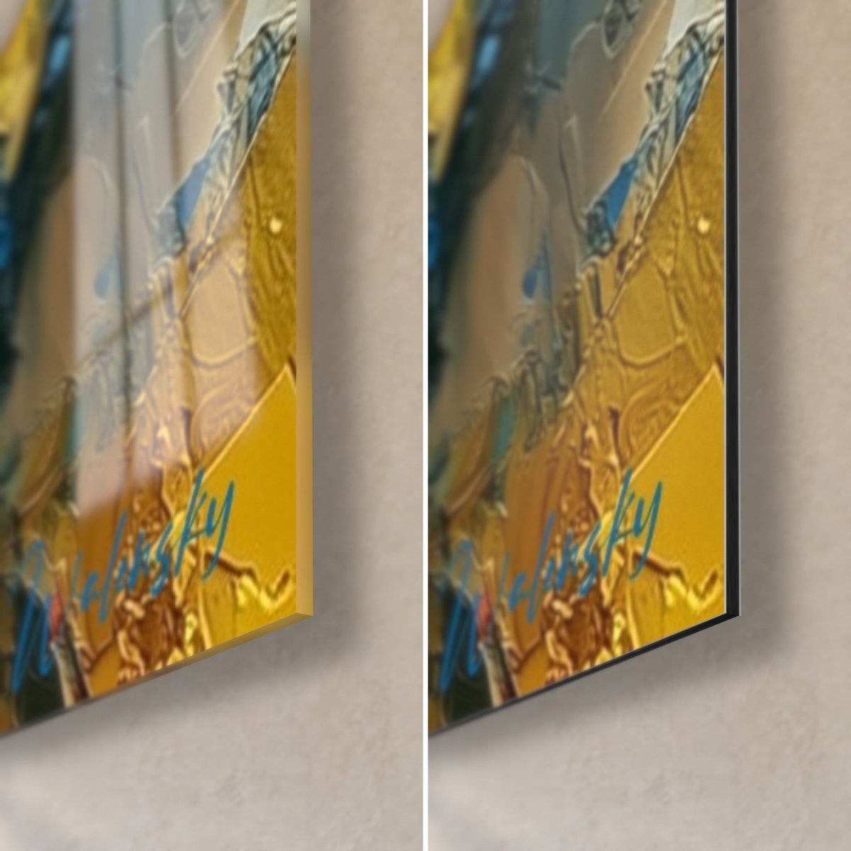 Quadro volto sognante in blu profondo e giallo, angolo in basso a destra: vetro acrilico lucido a sinistra, Dibond nero opaco a destra, bordo 3 mm