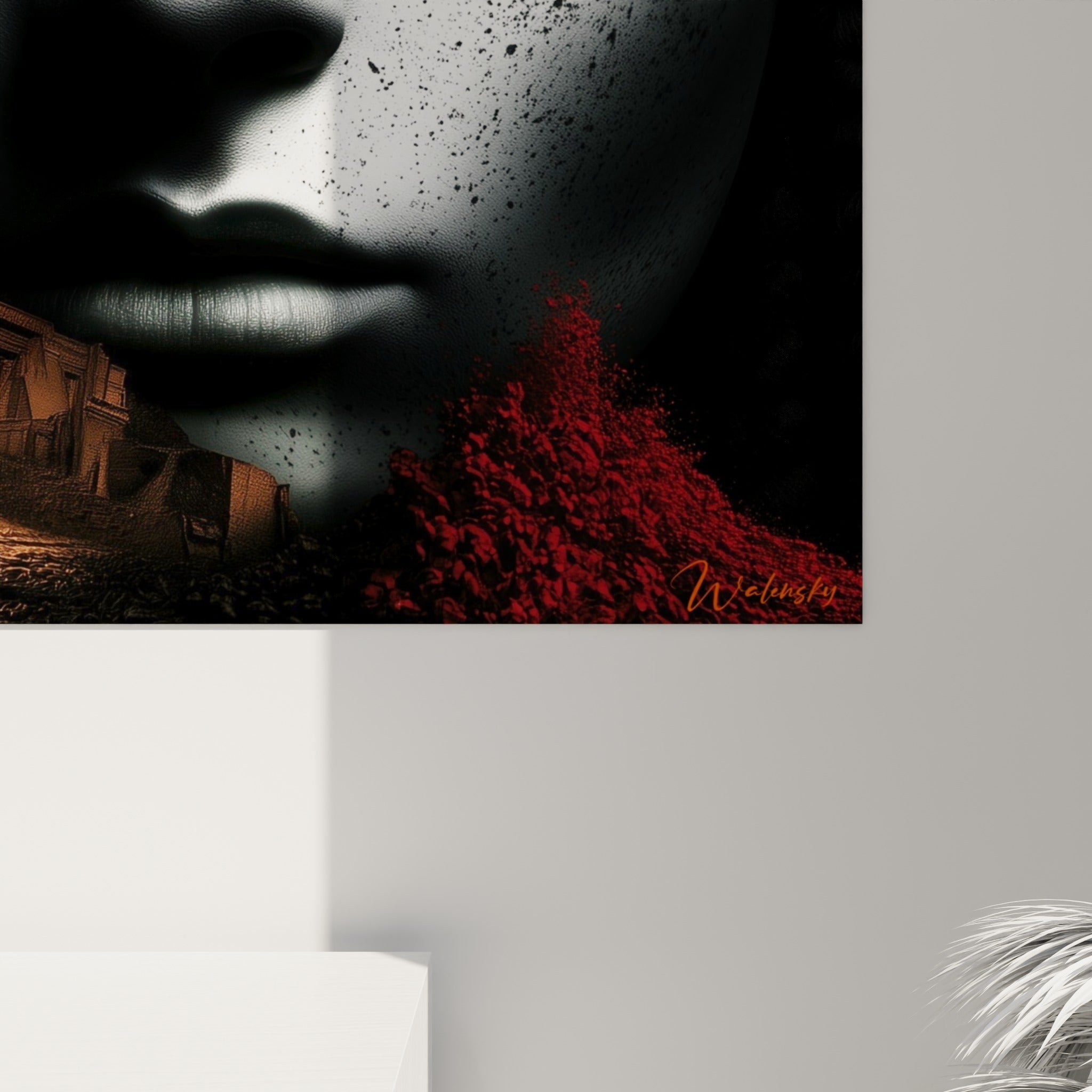 Grain minéral et coulures rouges révèlent la texture de ce tableau égypte vu de près sur sa toile