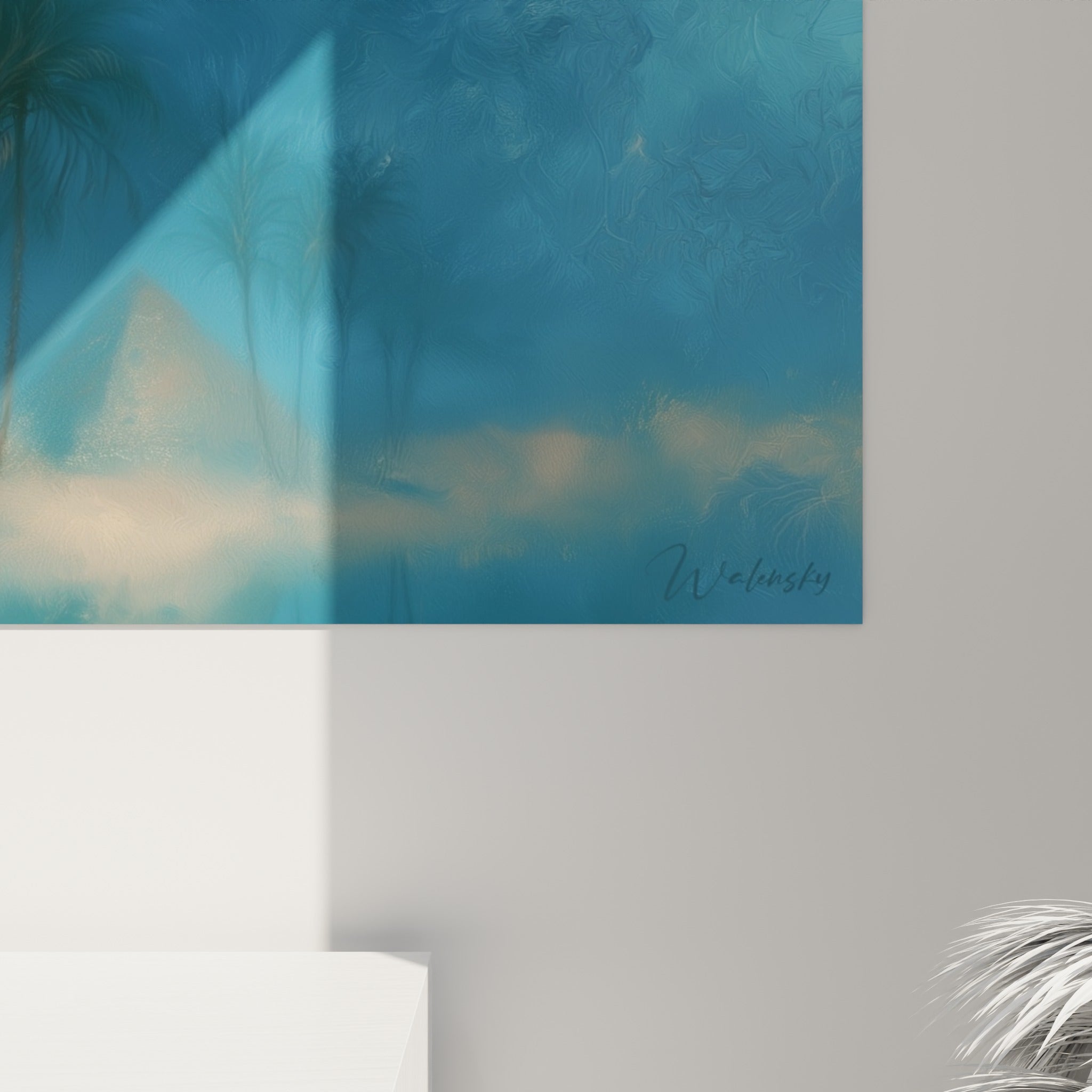 Détail de la toile égypte révélant le grain bleu turquoise et les empâtements dorés des pyramides