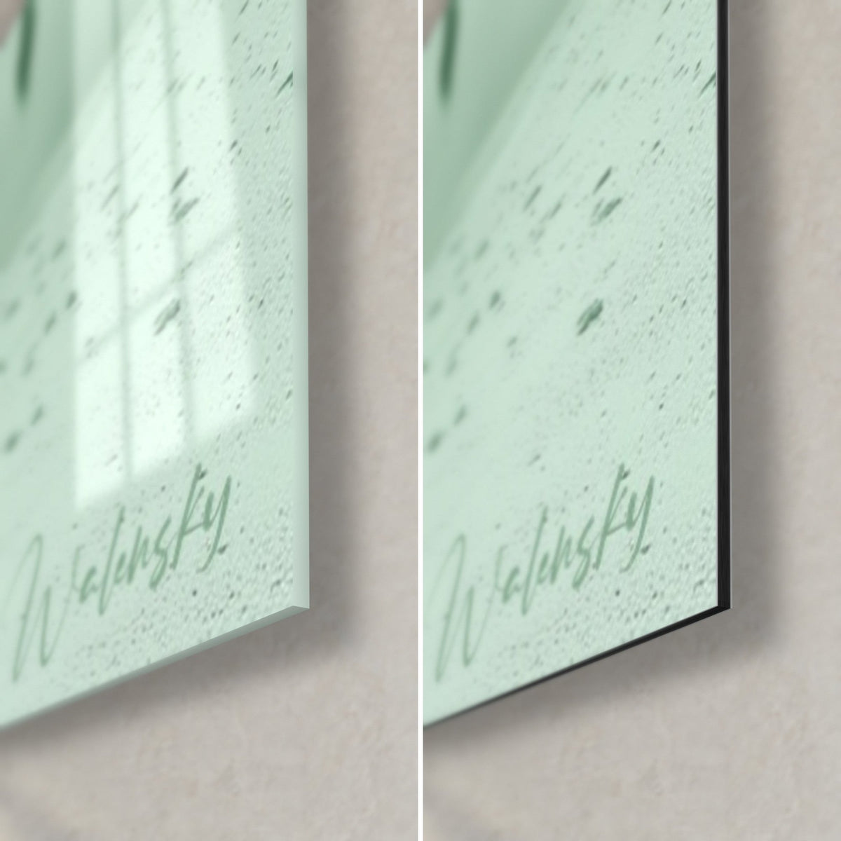 Wall art sage green camel caravan, bottom right corner: glossy acrylic glass on the left, matte white Dibond on the right, signature