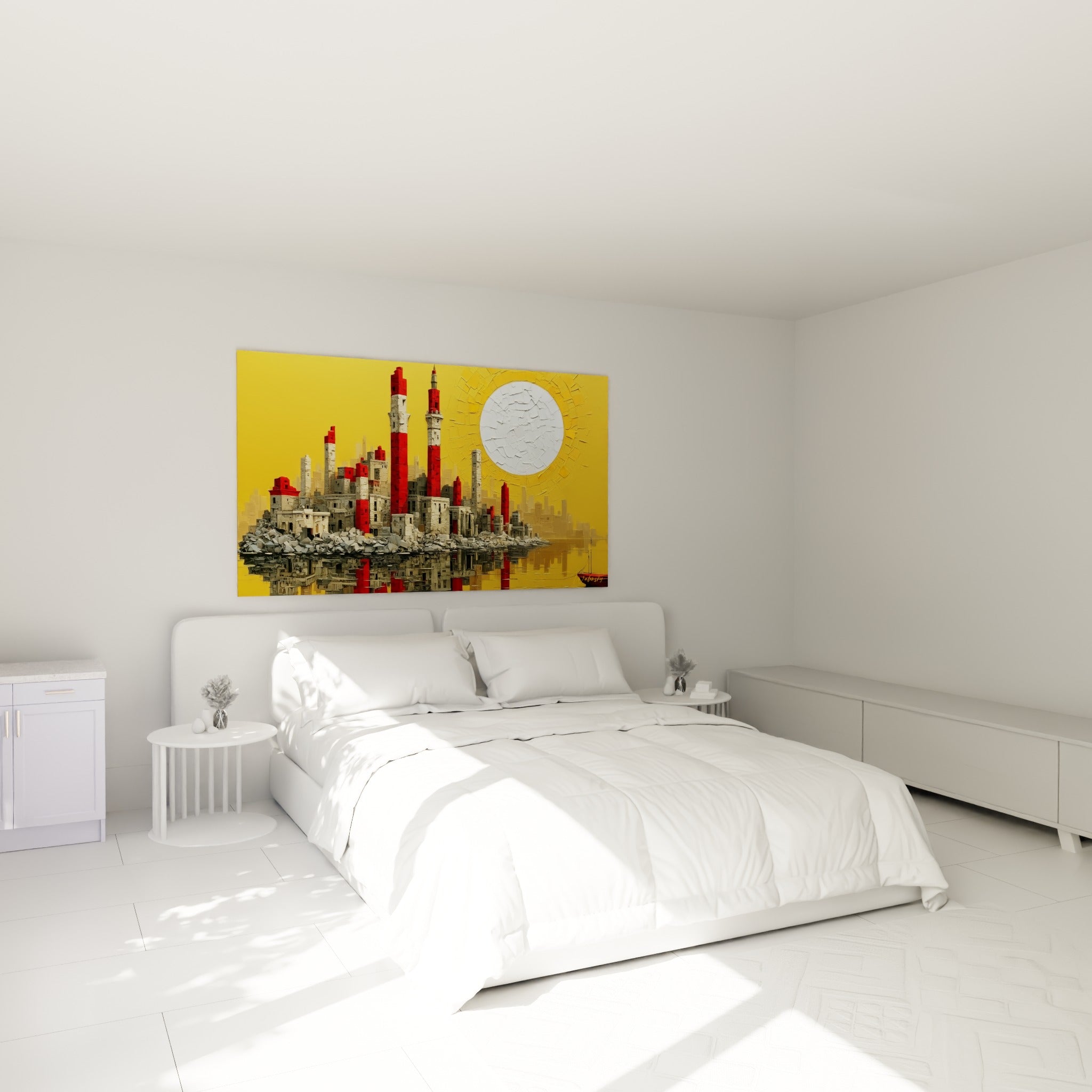 Tours rouges et blanches d'une cité ancienne sous soleil ocre, accrochées au-dessus d'un lit dans une chambre claire