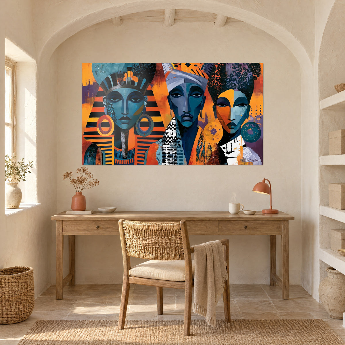 Schilderij met een trio Egyptische profielen, parelgrijze tulband, donker krullend haar, petroleumblauwe en saffraankleurige tinten, licht houten bureau