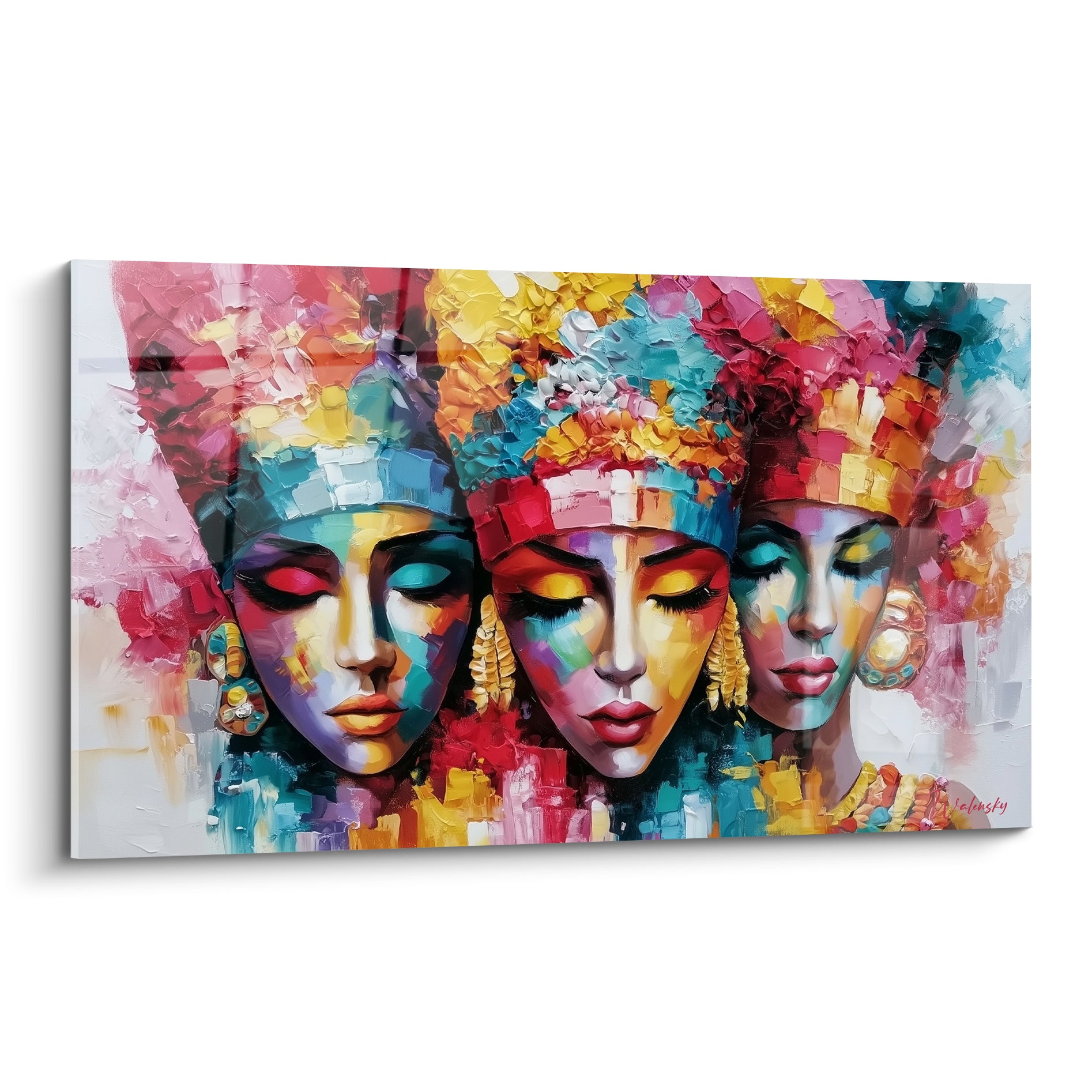 Trois visages égyptiens aux yeux clos, coiffes dorées et turquoise, peinture au couteau texturée