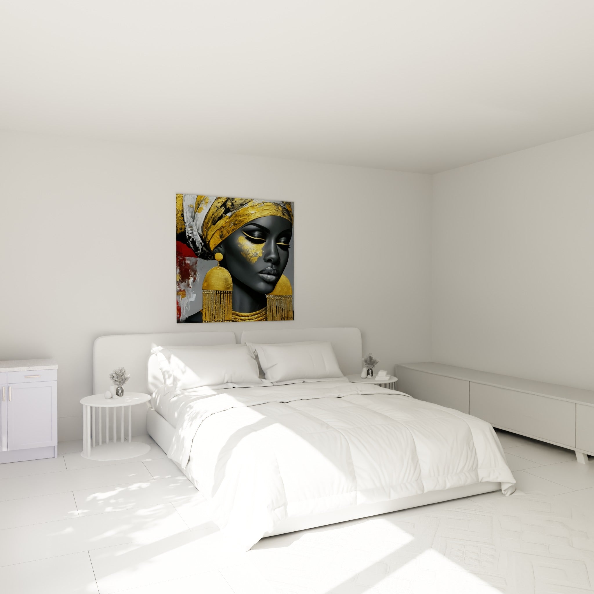 Femme au turban doré et bijoux somptueux au-dessus d'un lit dans une chambre claire