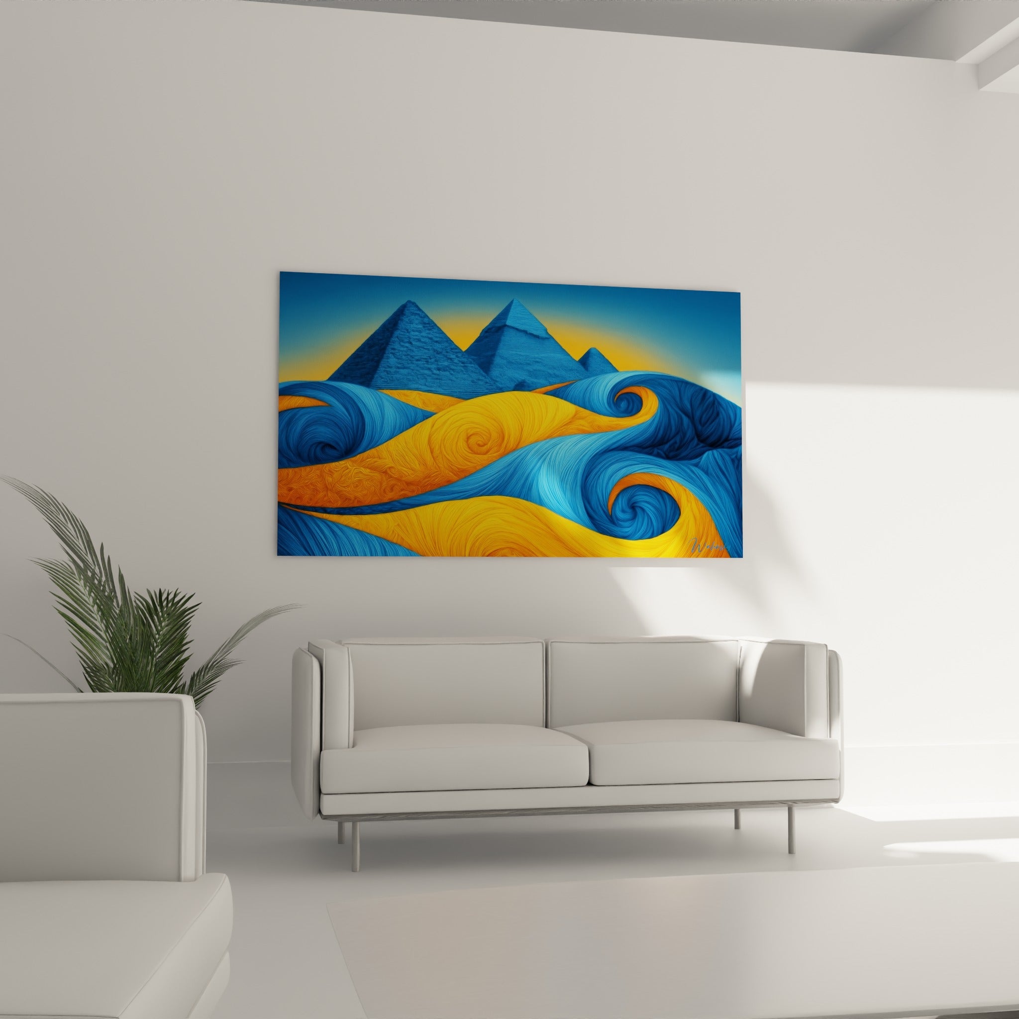 Vagues de sable ocre et bleu turquoise sculptées autour des pyramides au-dessus d'un canapé dans un salon lumineux