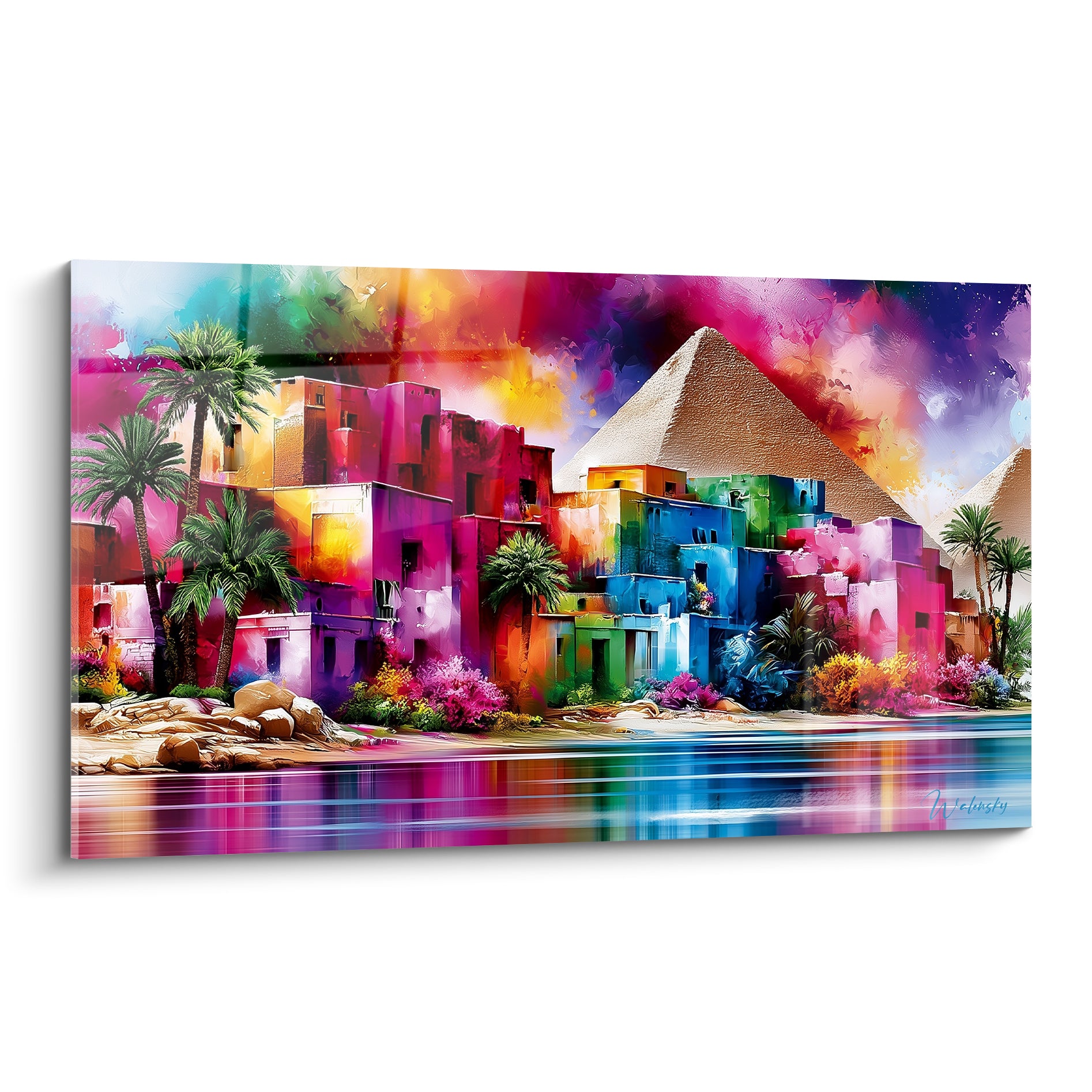 Village égyptien rose et turquoise peint face aux pyramides ocre sous un ciel pourpre vibrant