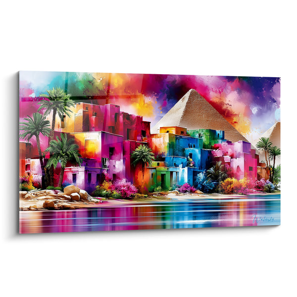 Tableau Village nubien rose et bleu vif - Éclat du Nil - Edition egypte