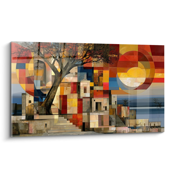 Tableau Village géométrique aux arbres ocre et rouge - Veille silencieuse - Edition egypte