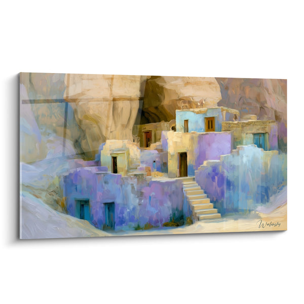 Tableau Village troglodyte aux façades mauves et bleues - Refuge de pierre - Edition egypte
