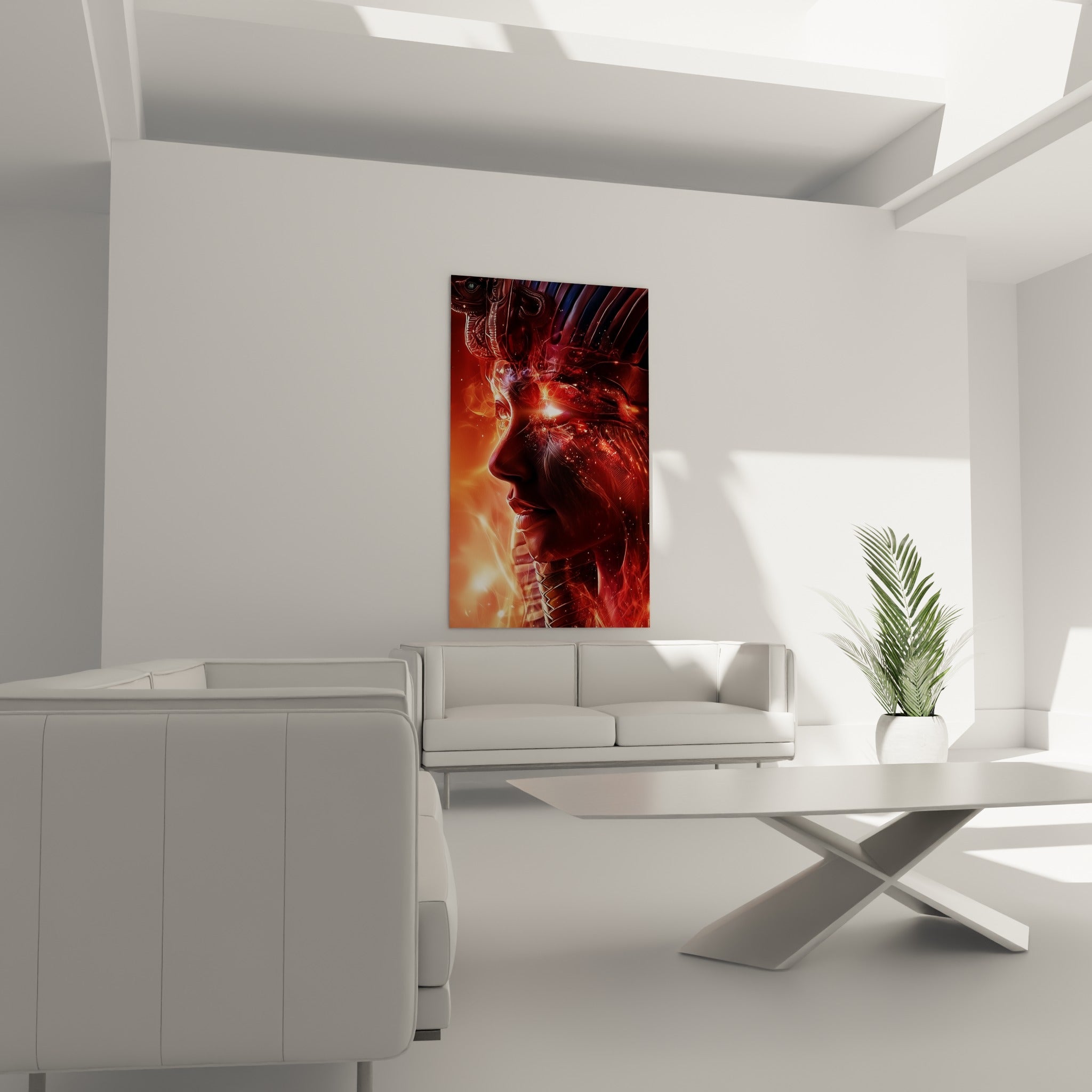 Visage pharaonique orangé et anthracite traversé de lumière au-dessus d'un canapé dans un salon lumineux