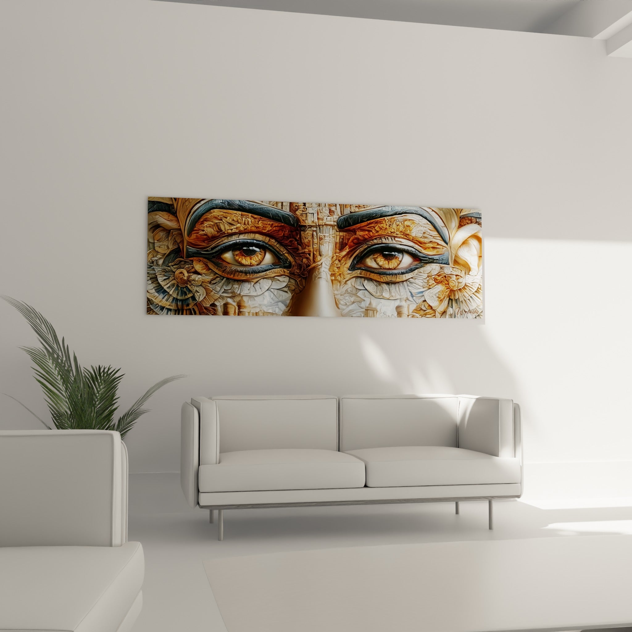 Visage pharaonique aux tons ocre et dorés, suspendu au-dessus d'un canapé dans un salon lumineux