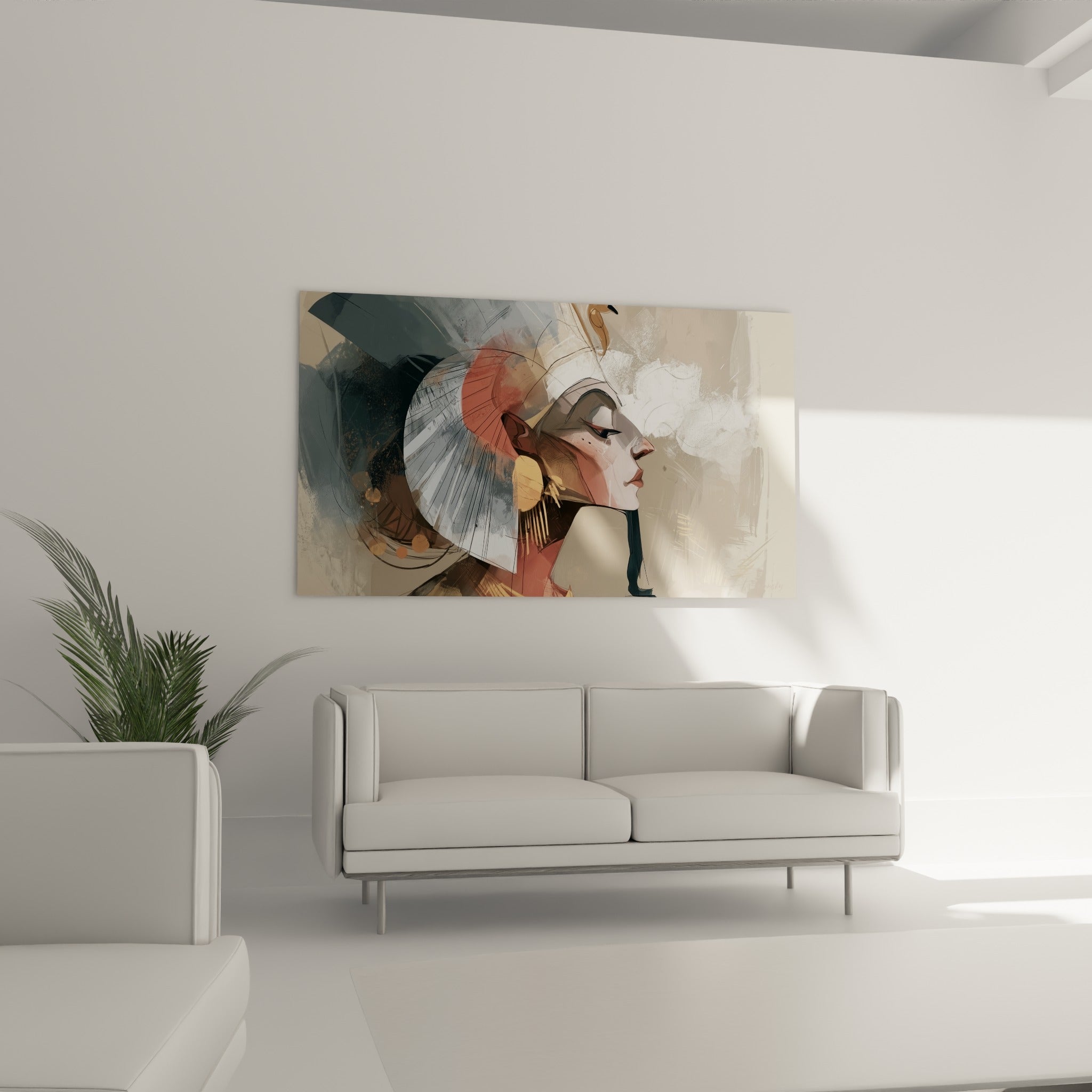 Visage égyptien beige et terracotta suspendu au-dessus d'un canapé dans un salon lumineux