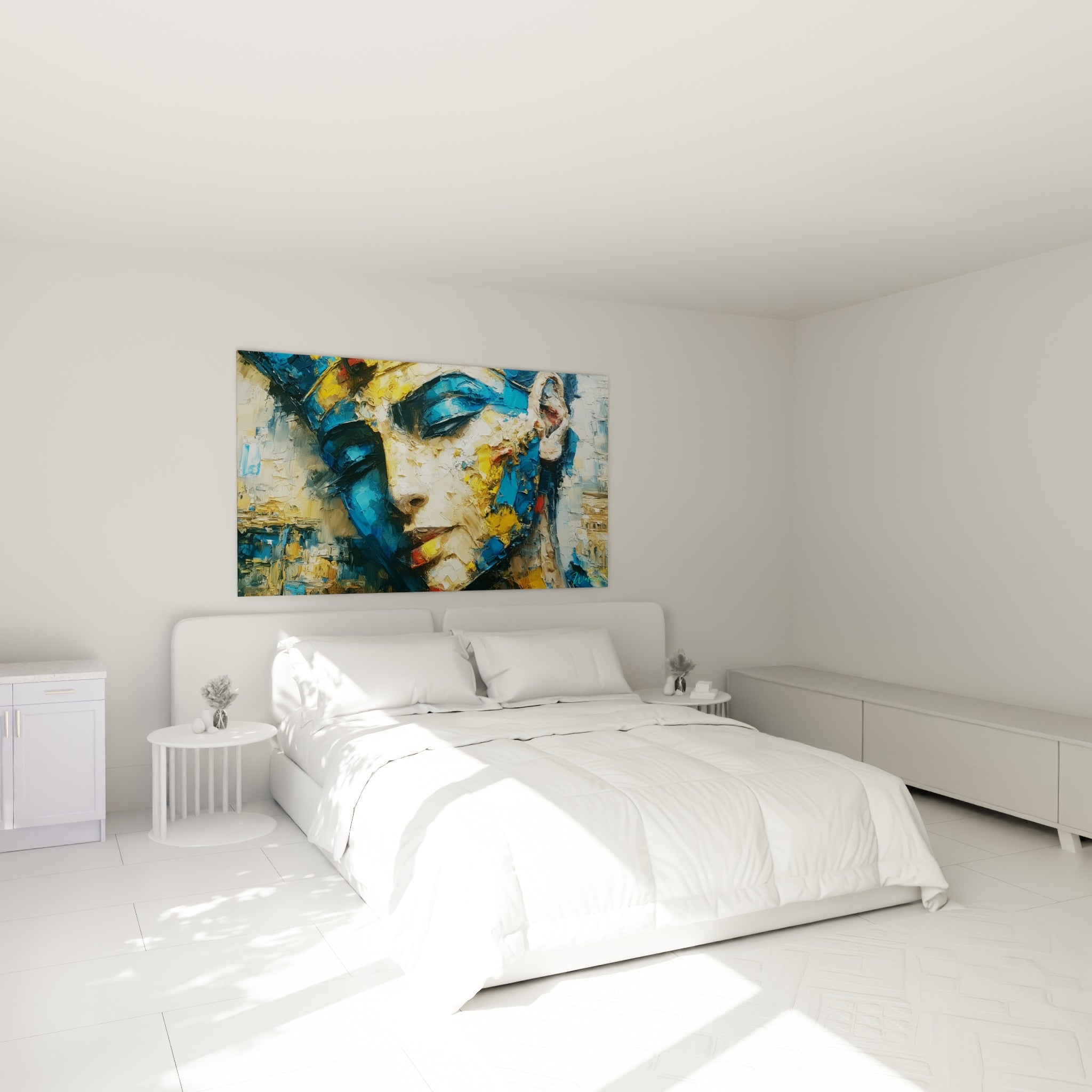 Visage antique bleu et ocre, portrait égyptien au-dessus d'un lit dans une chambre claire