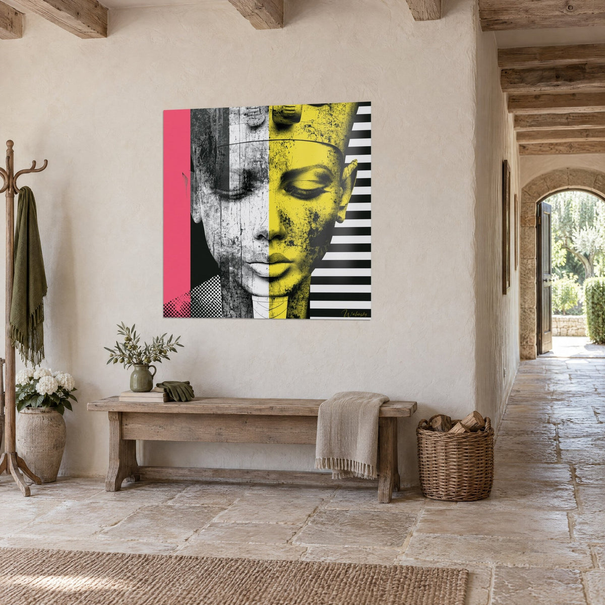 Wall art Bust of a crowned pharaoh, face split between grey and yellow, pink band and black stripes, stone corridor