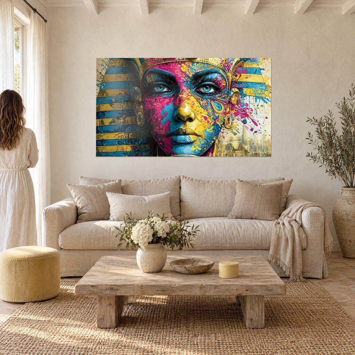 Gemälde Pharao mit rosa und gelb bespritzter Maske, durchdringende blaue Augen, türkis-goldgestreifte Kopfbedeckung, über einem Sofa in einem hellen Wohnzimmer