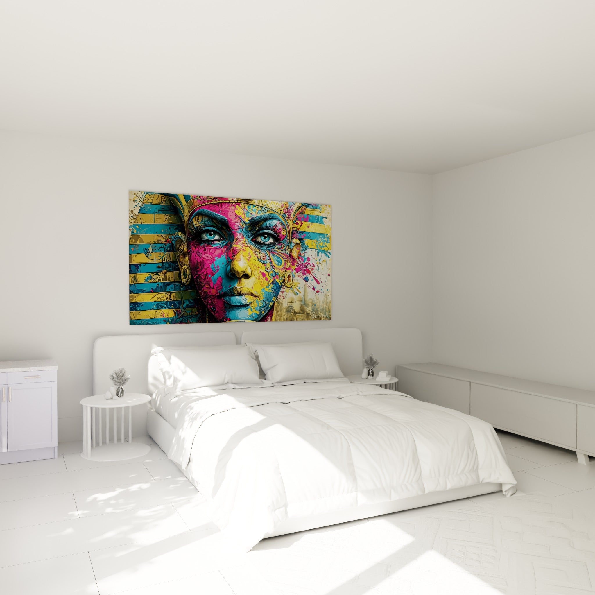 Visage pharaonique egypte jaune et magenta accroché au-dessus d'un lit dans une chambre claire