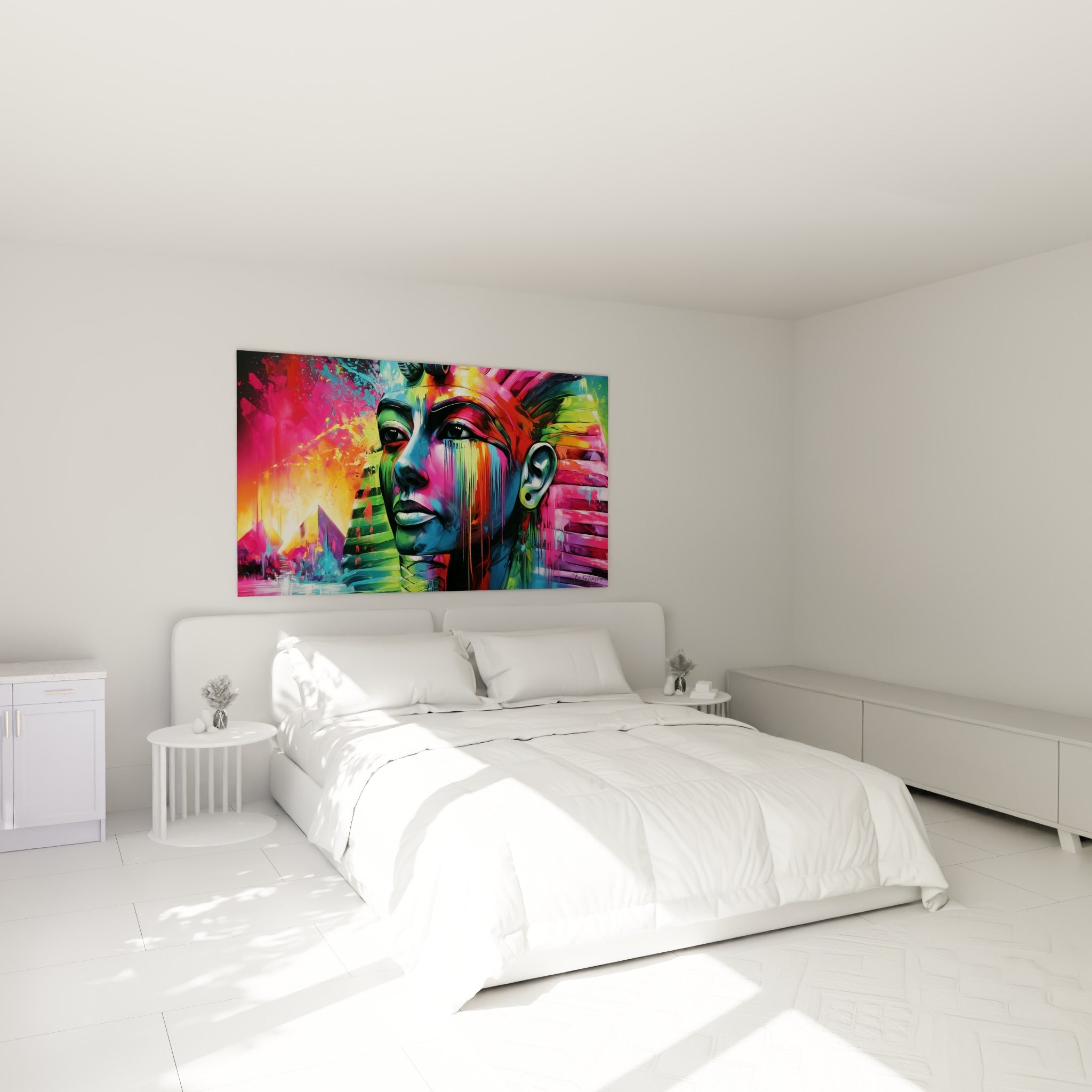 Souverain égyptien aux coulures bleu électrique et orange accroché au-dessus d'un lit dans une chambre claire