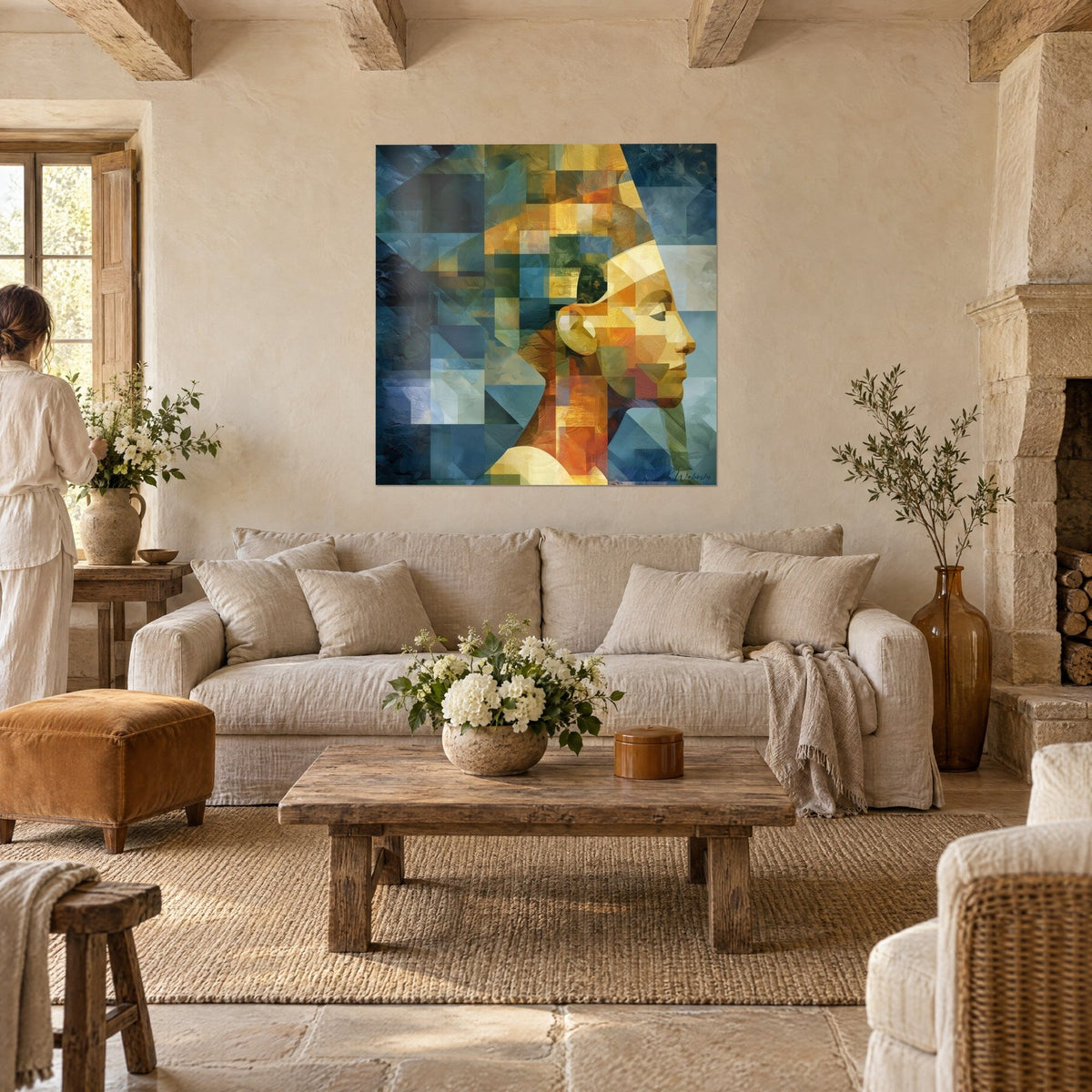 Quadro regina egizia di profilo, diadema dorata e sfondo blu di quadrati geometrici, sopra un divano in un soggiorno luminoso