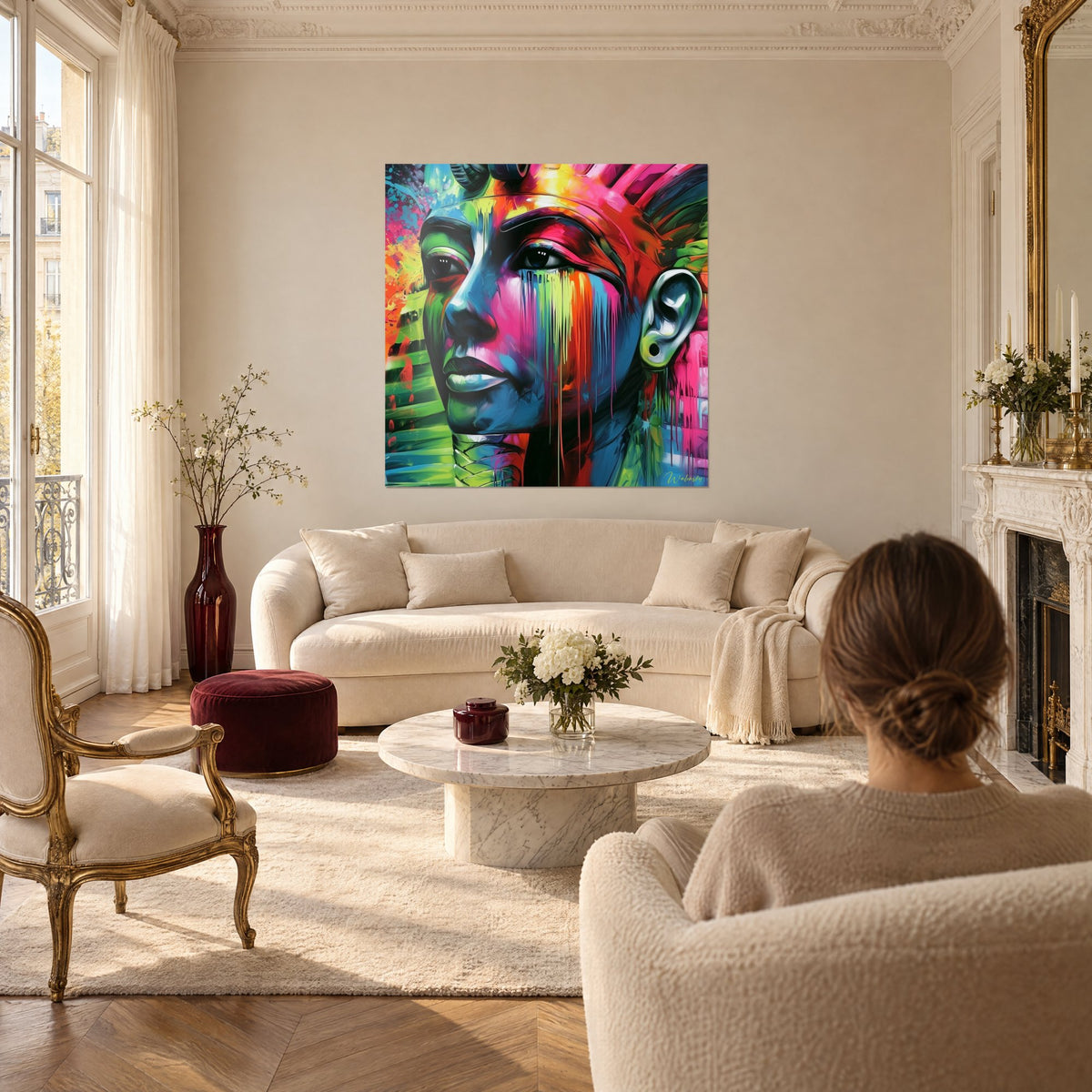 Gemälde Pharao mit rosa und grünen Farbläufen, blaues Gesicht und roter Krone, über einem Sofa in einem hellen Wohnzimmer