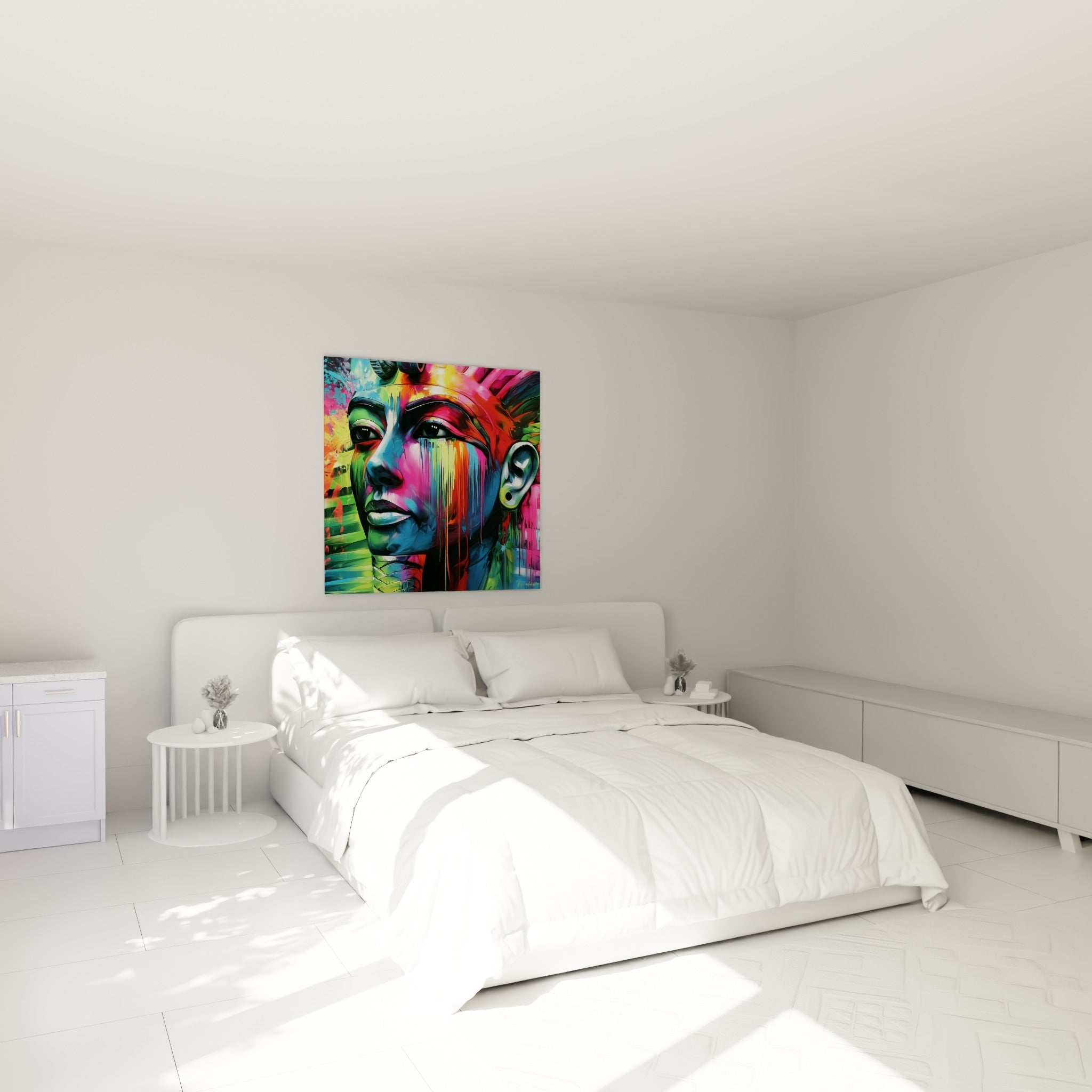 Visage pharaonique orangé et bleu profond accroché au-dessus d'un lit dans une chambre claire