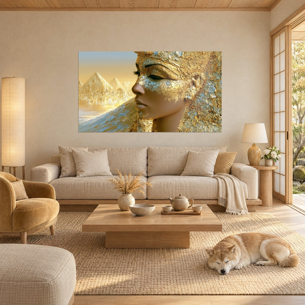 Tableau profil de reine égyptienne aux paillettes d'or et d'argent, pyramides ocre au fond, Shiba endormi, au-dessus d'un canapé dans un salon lumineux