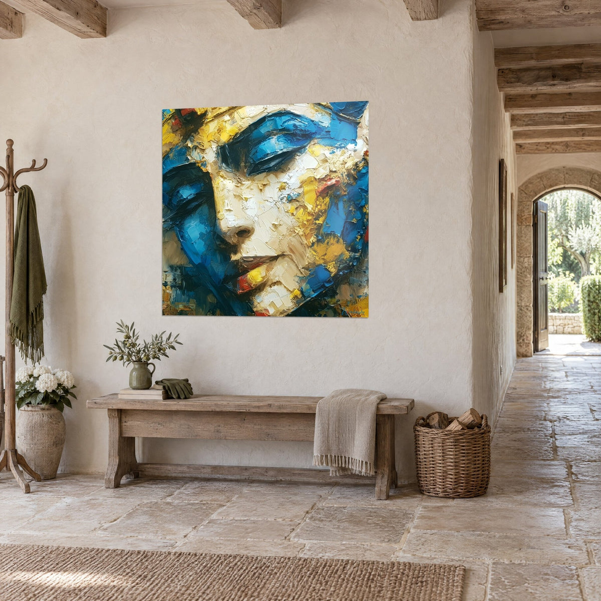 Quadro ritratto con palpebre chiuse, pennellate a spatola in blu oltremare e avorio, appeso in un corridoio di pietra di una casa di campagna