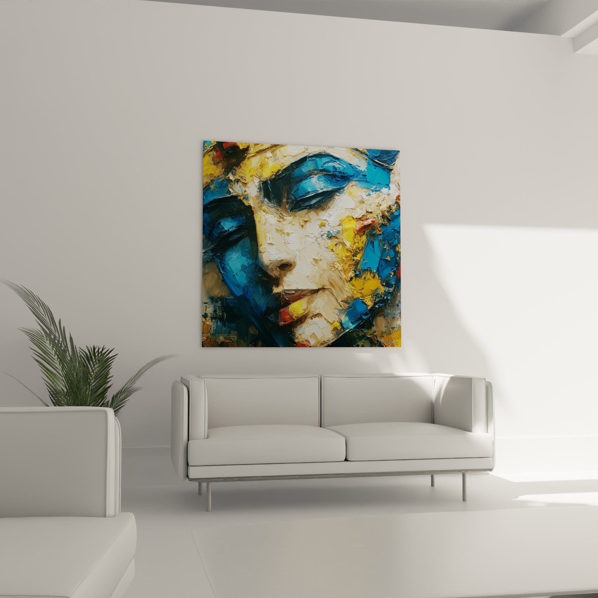 Figure au visage incliné, touches dorées et bleu marine, au-dessus d'un canapé dans un salon lumineux