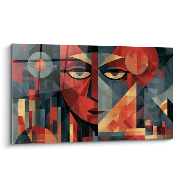 Tableau Visage cubiste rouge et bleu pyramides dorées - Gardien du désert - Edition egypte