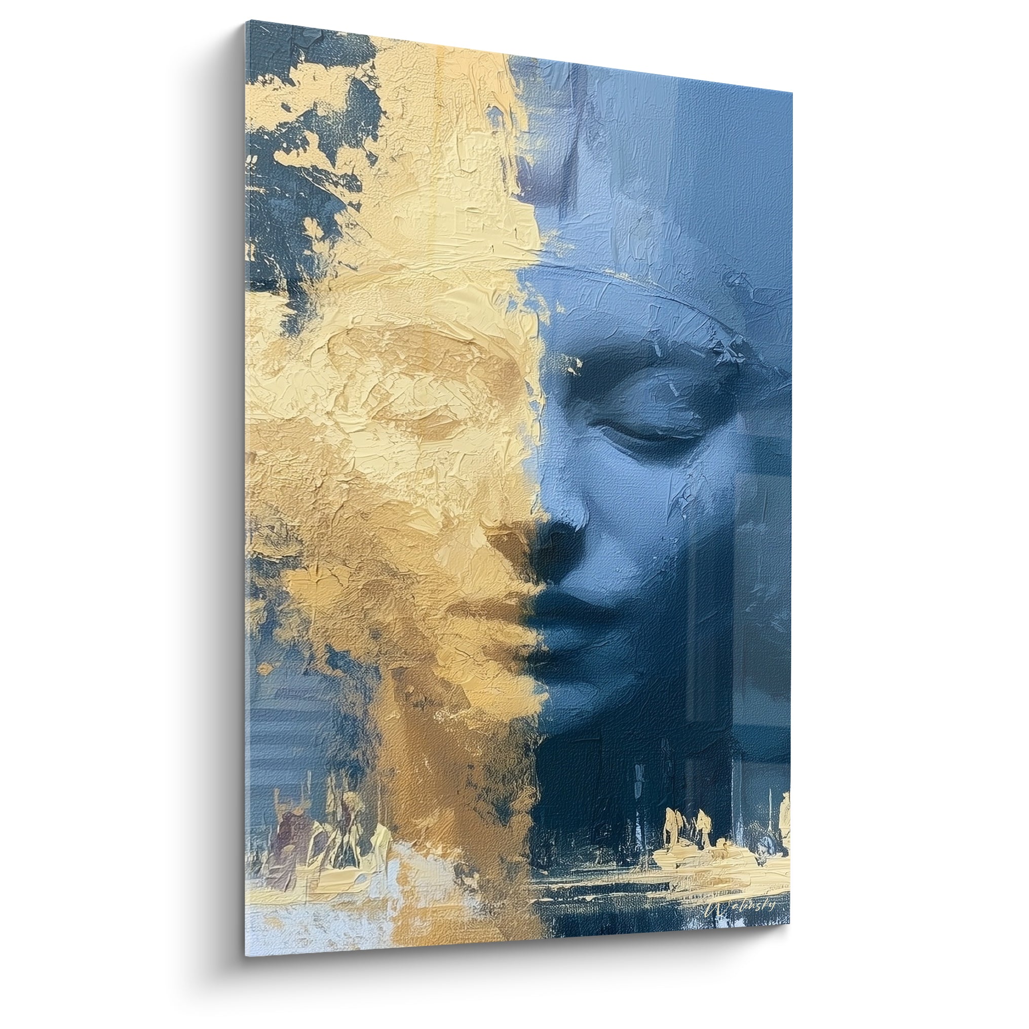Visage pharaonique divisé entre doré et bleu marine, texture empâtée sur toile