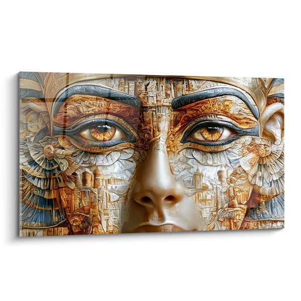 Tableau Visage doré et beige aux yeux perçants - Détails ciselés du visage - Edition egypte
