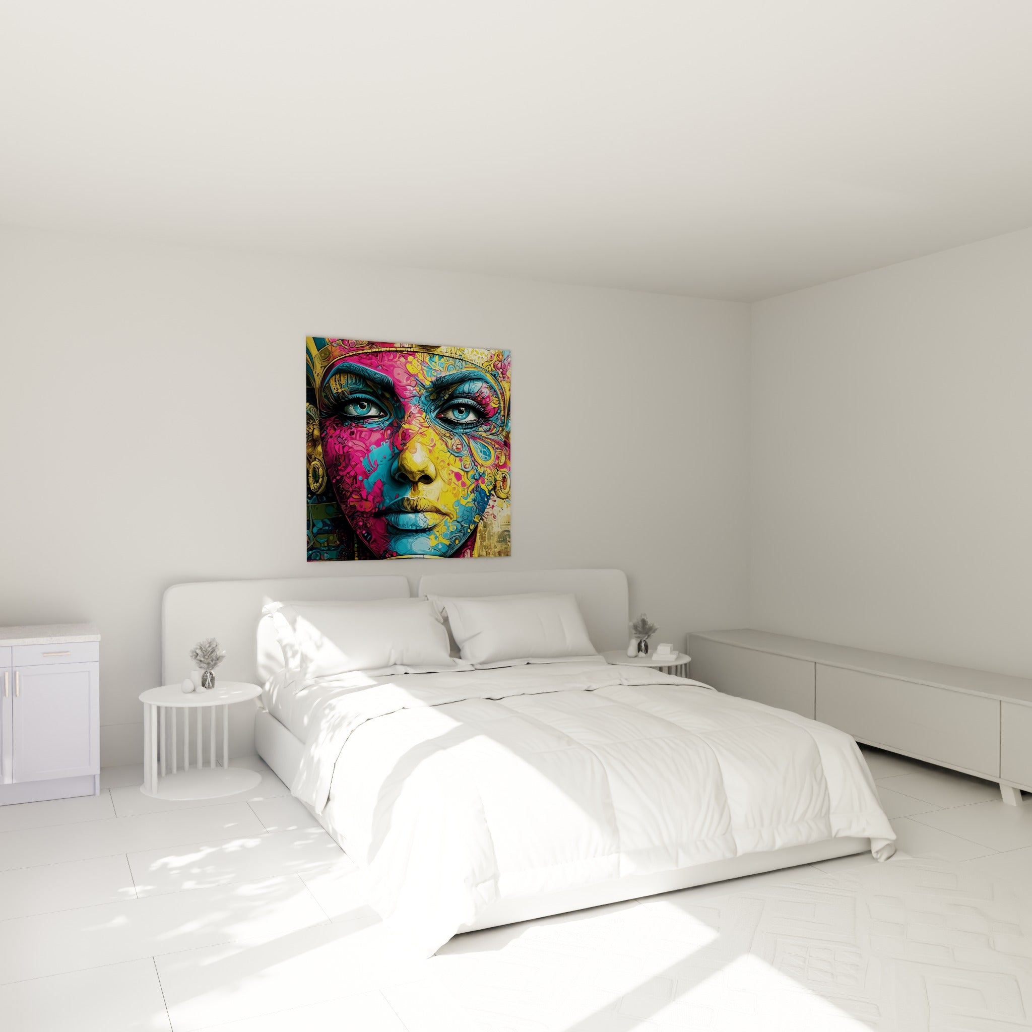 Visage pharaonique doré et magenta accroché au-dessus d'un lit dans une chambre claire