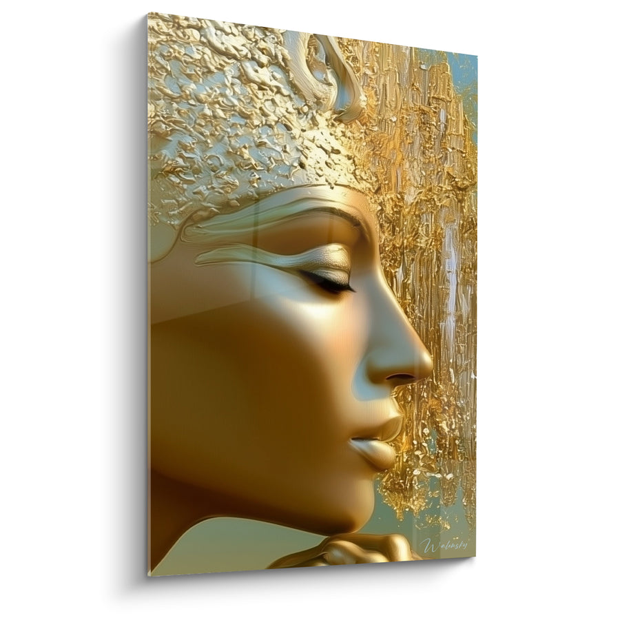 Tableau Visage doré et bleu pâle aux paupières baissées - Main sous le menton - Edition egypte