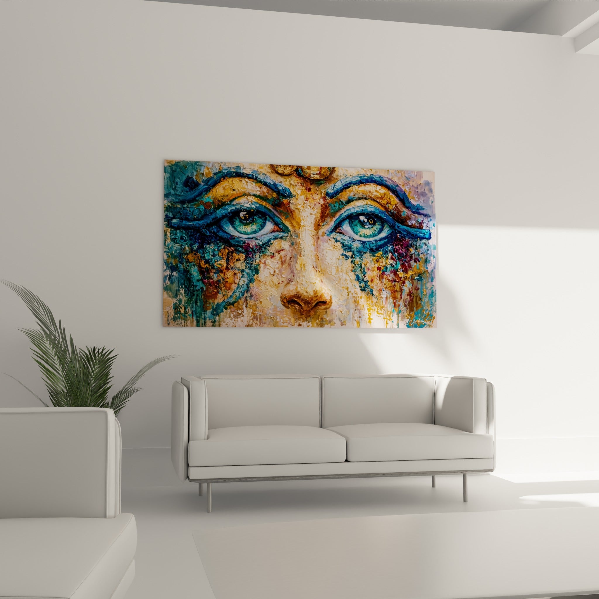 Yeux égyptiens bleu turquoise et dorés disposés au-dessus d'un canapé dans un salon lumineux