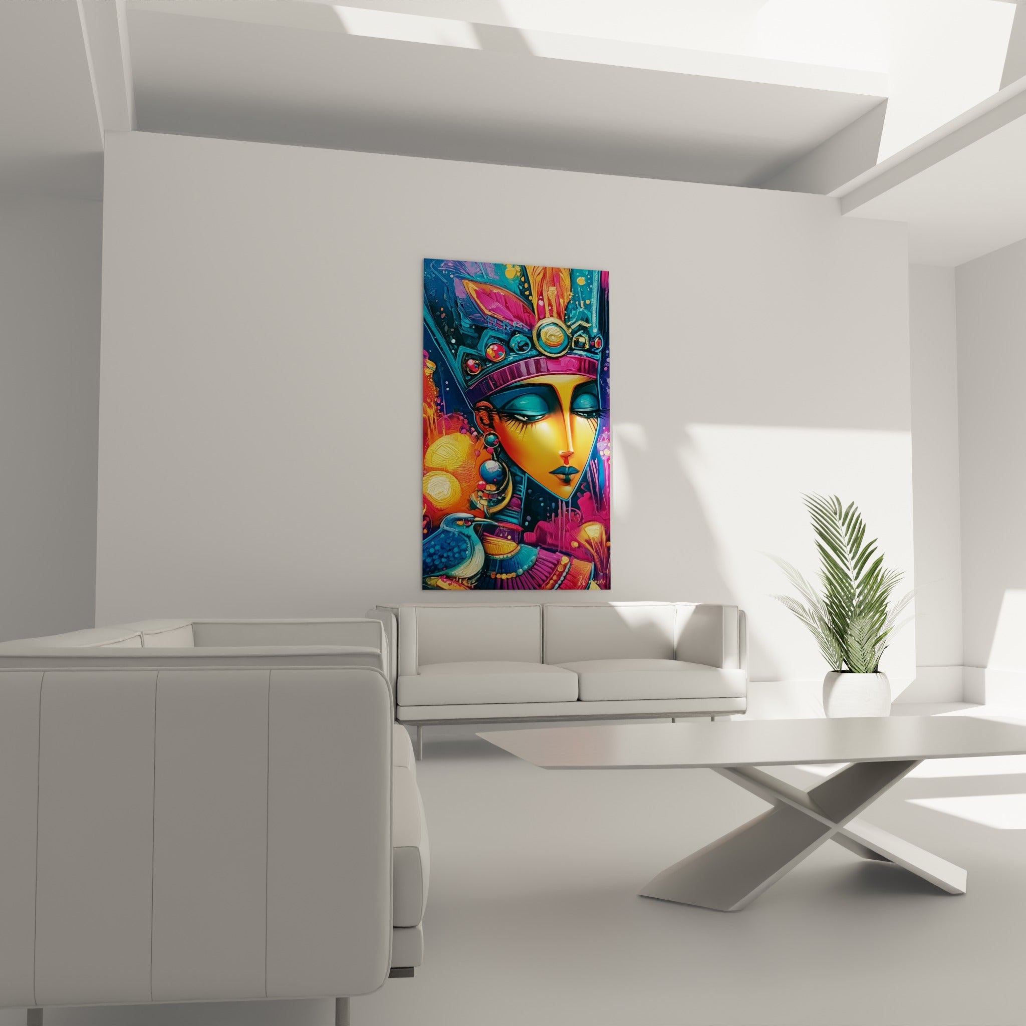 Figure royale égyptienne aux tons magenta et dorés au-dessus d'un canapé dans un salon lumineux