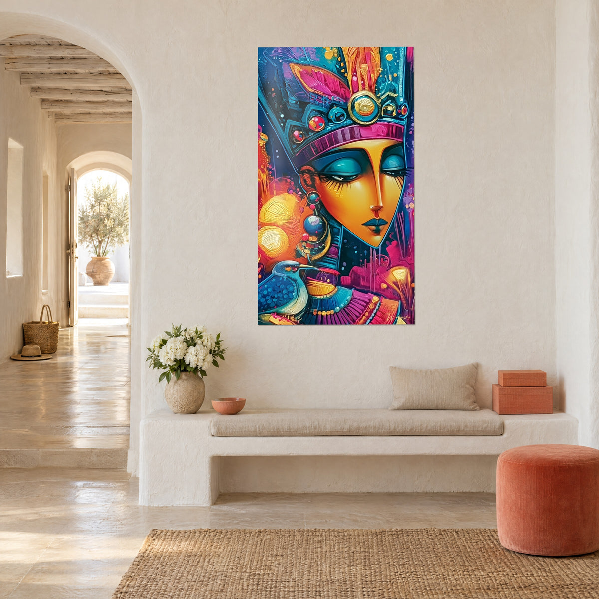 Schilderij van een farao in gouden profiel, hoofdtooi versierd met rode en turquoise edelstenen, blauwe vogel onderaan, in een Mediterraan huis