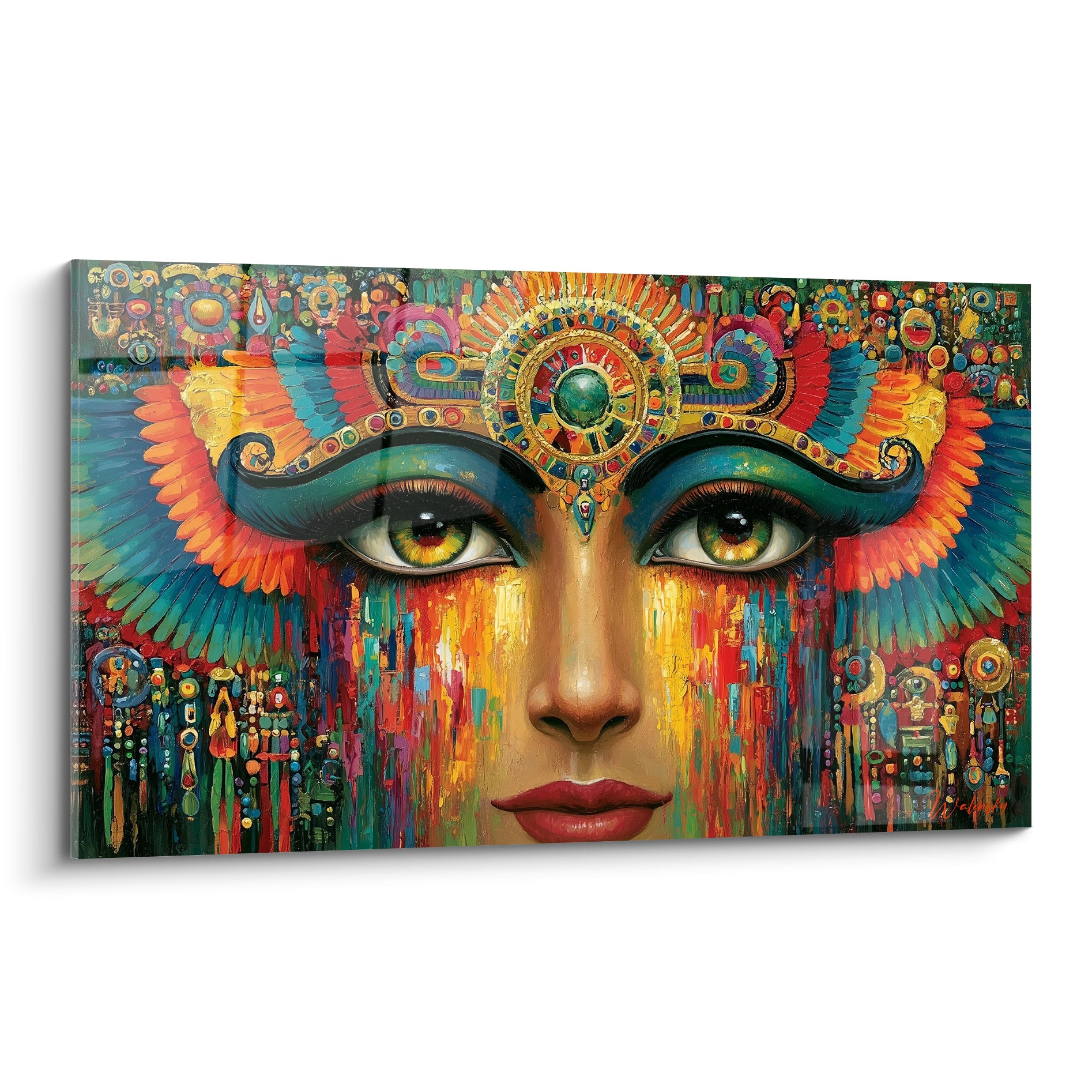 Visage égyptien aux yeux vert émeraude et coiffe dorée turquoise, traits peints intensément