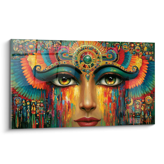 Visage égyptien aux yeux vert émeraude et coiffe dorée turquoise, traits peints intensément