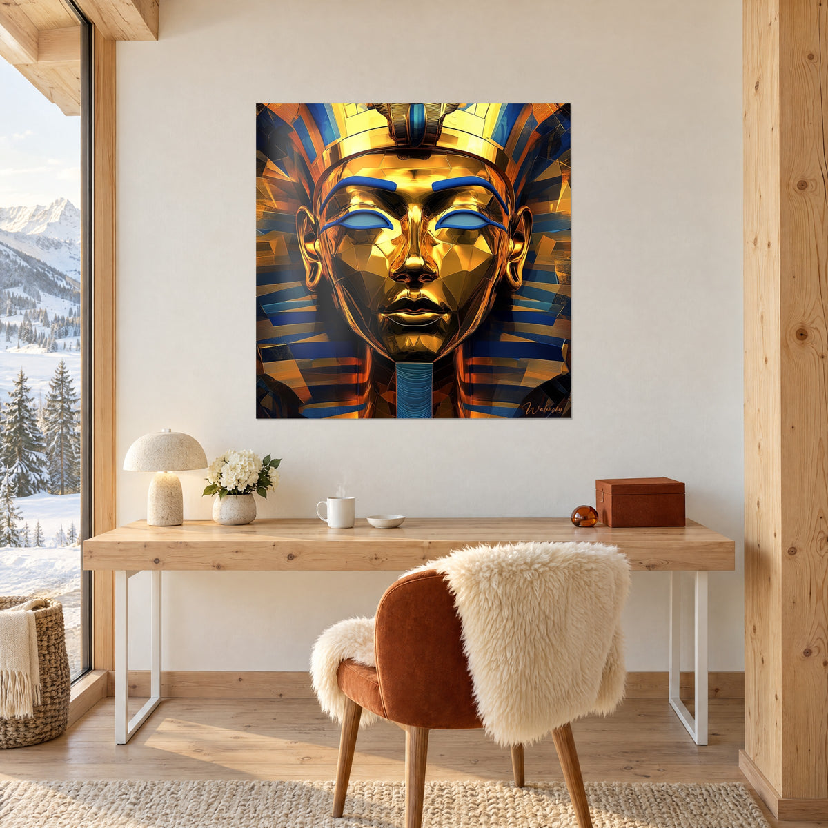 Tableau Toutânkhamon stylisé en facettes d'or, nemes rayé bleu et orange, au-dessus d'un bureau en chêne clair près d'un fauteuil roux