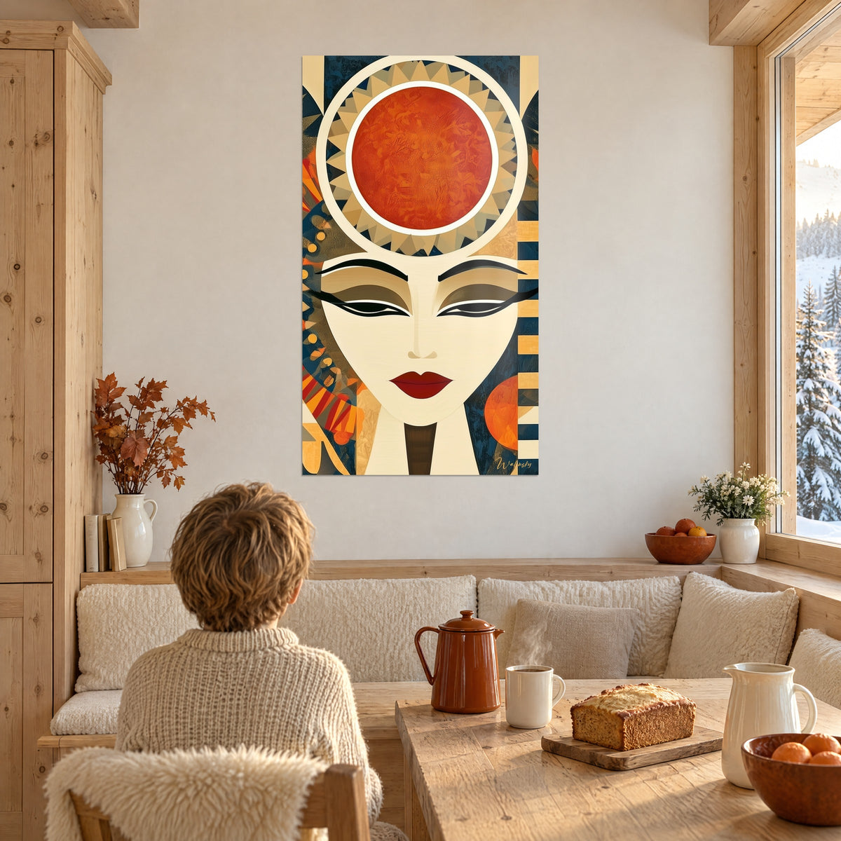 Schilderij rustig profiel van een Egyptische koningin, tooi van beige stralen, fel oranje en marineblauw, in een chaletwoonkamer bij een raam