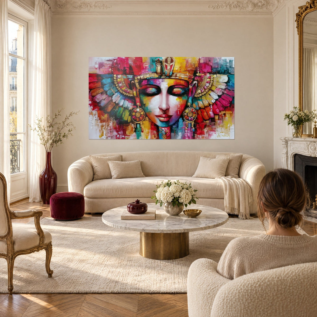 Schilderij Egyptische koningin met gesloten oogleden, gouden hoofdtooi en fuchsia en turquoise veren, boven een bank in een lichte woonkamer