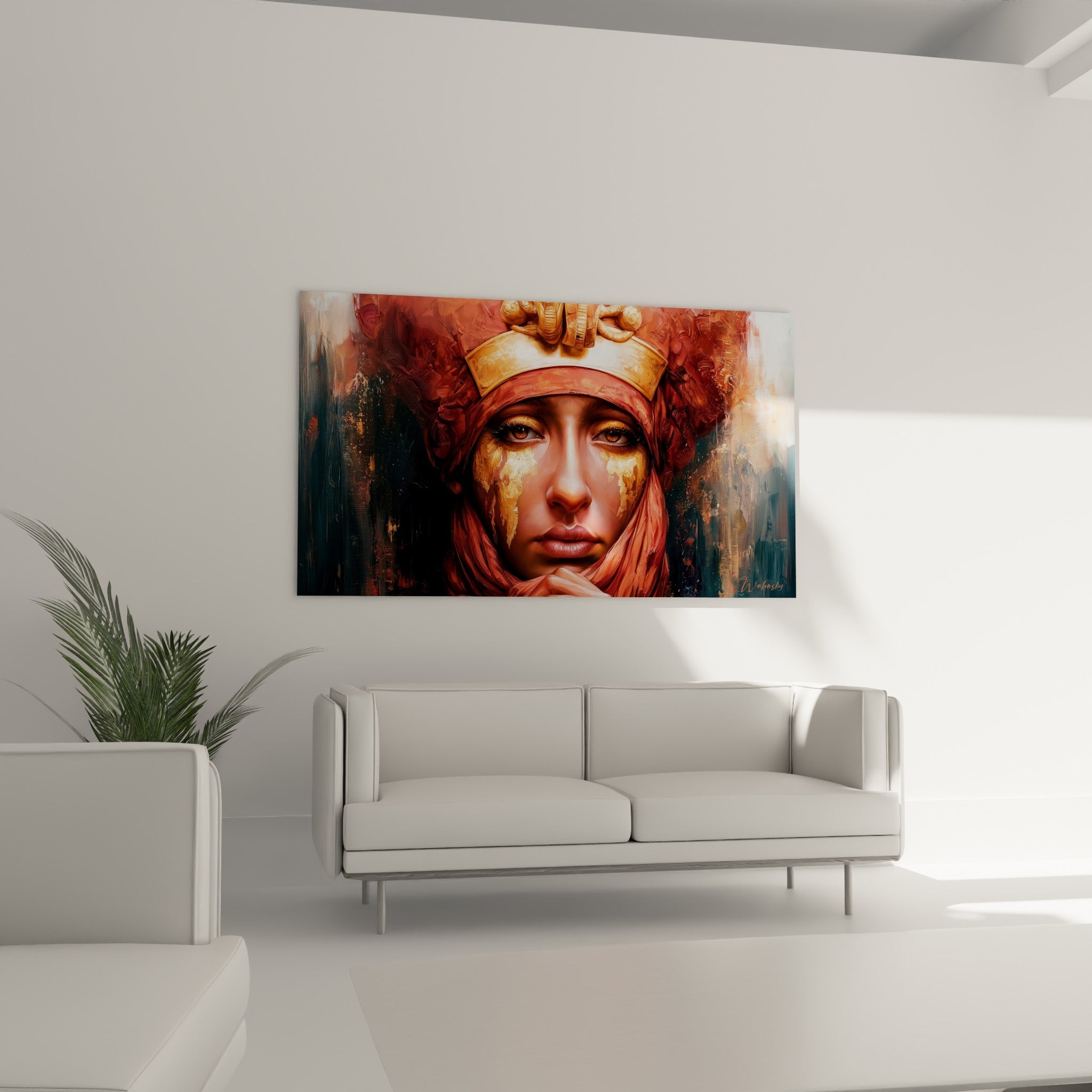 Visage sculpté d'une souveraine égyptienne aux couleurs ocre et anthracite, au-dessus d'un canapé dans un salon lumineux