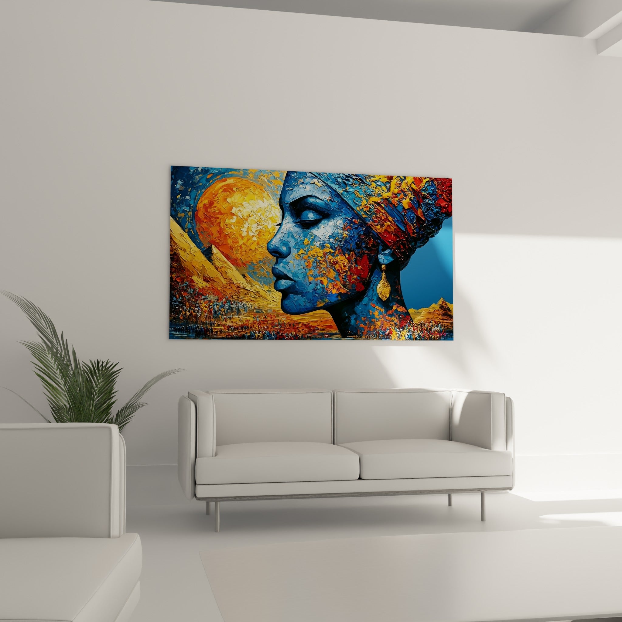 Figure egypte au profil bleu intense et boucle dorée, au-dessus d'un canapé dans un salon lumineux