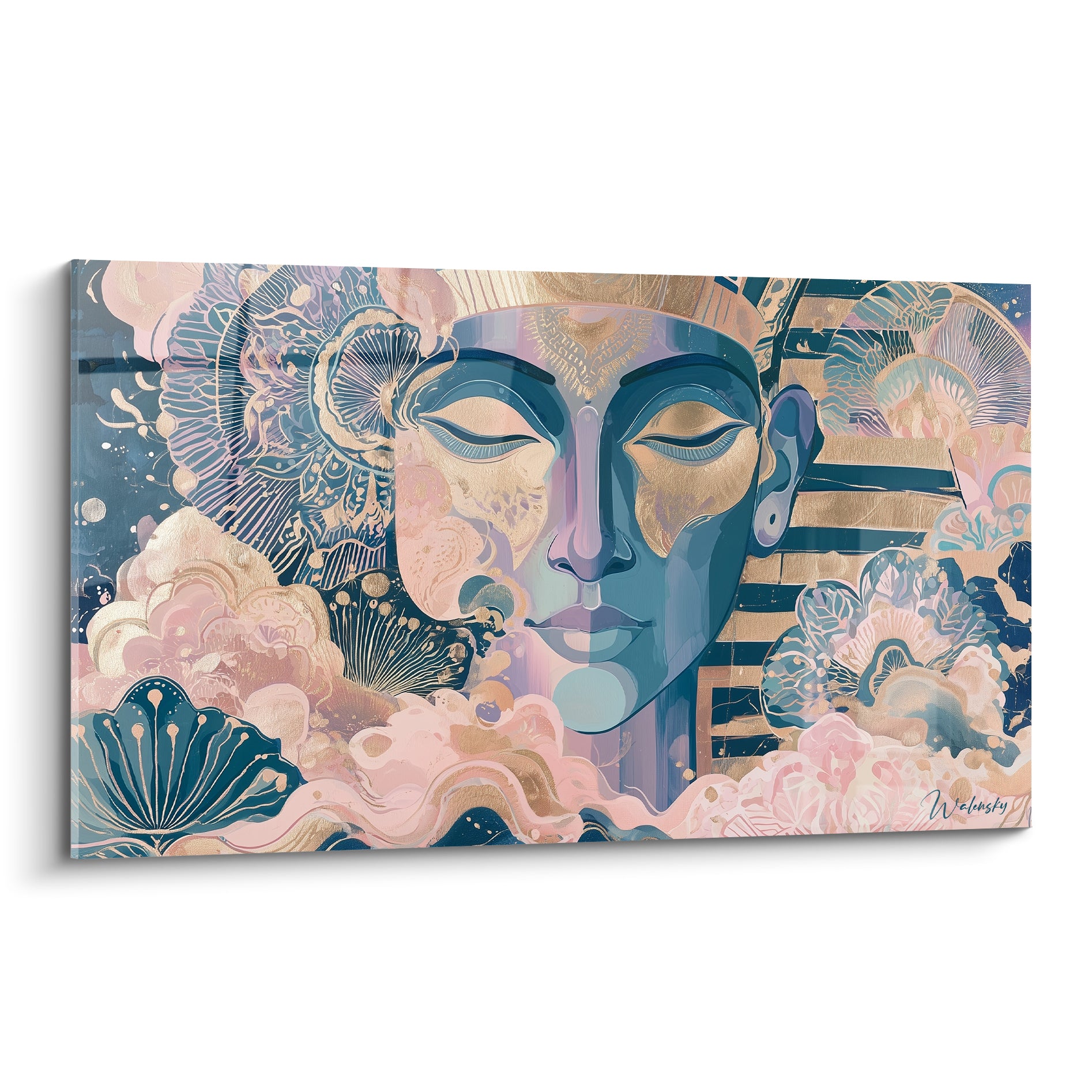 Visage pharaonique bleu marine et rose poudré entouré de fleurs dorées stylisées
