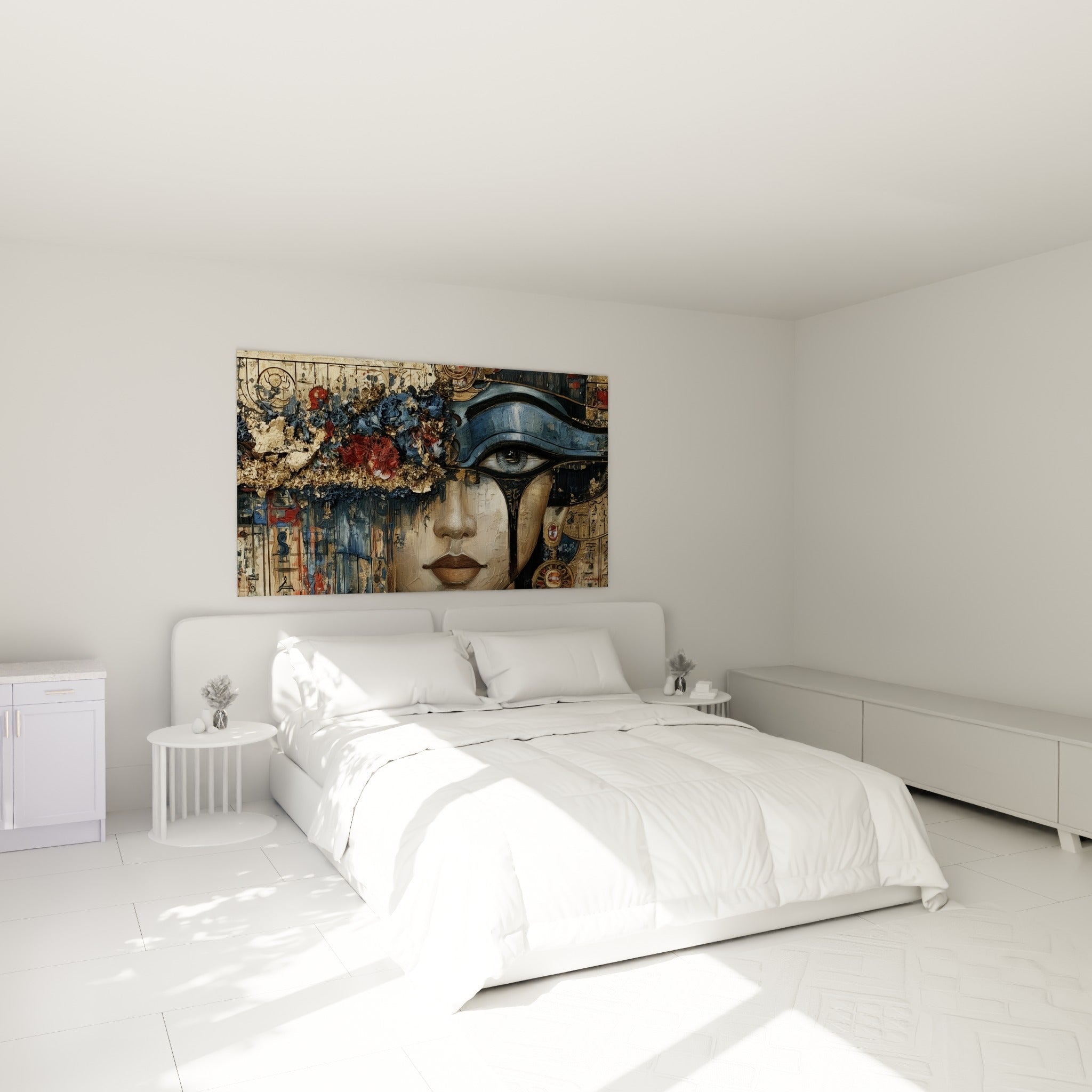 Portrait égyptien bleu et doré à l'œil d'Horus au-dessus d'un lit dans une chambre claire