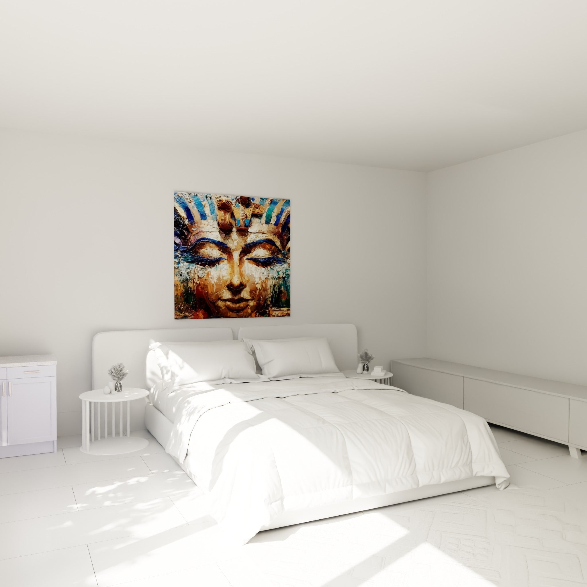 Visage de pharaon doré et bleu ocre au-dessus d'un lit dans une chambre claire