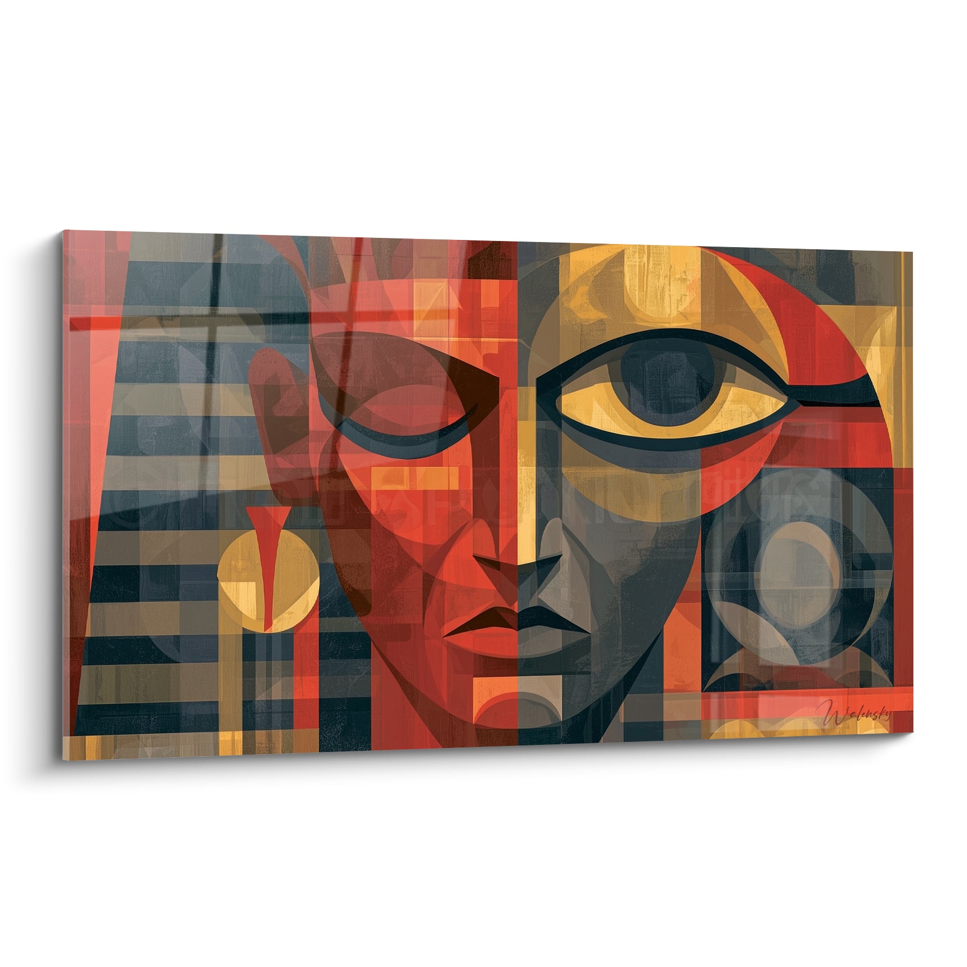 Visage pharaonique aux teintes terracotta et dorées, œil géométrique cerclé de noir, style cubiste