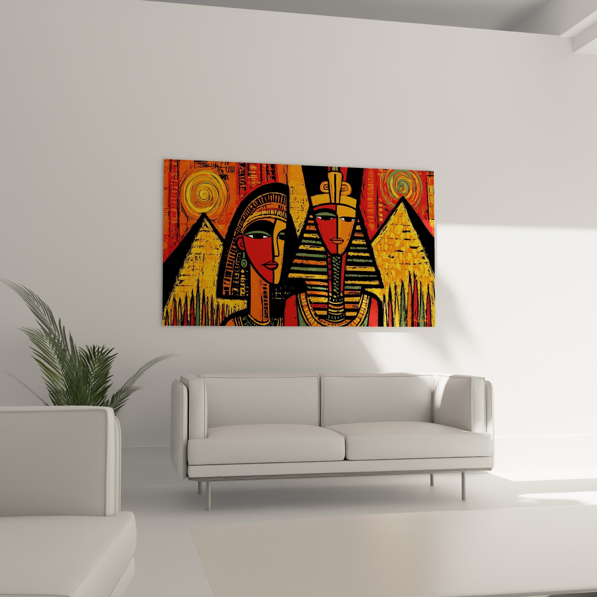 Figures pharaoniques stylisées en vert olive et doré placées au-dessus d'un canapé dans un salon lumineux