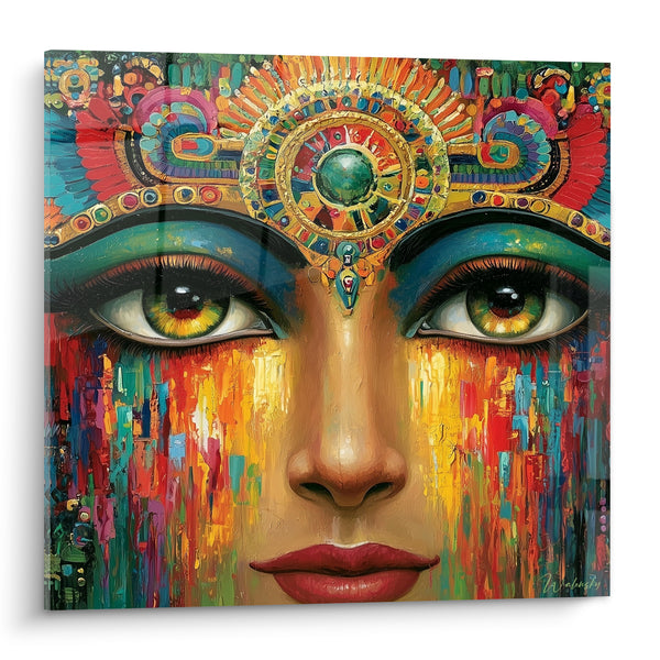 Tableau Visage pharaonique aux yeux verts et coiffe dorée - Regard éternel - Edition egypte